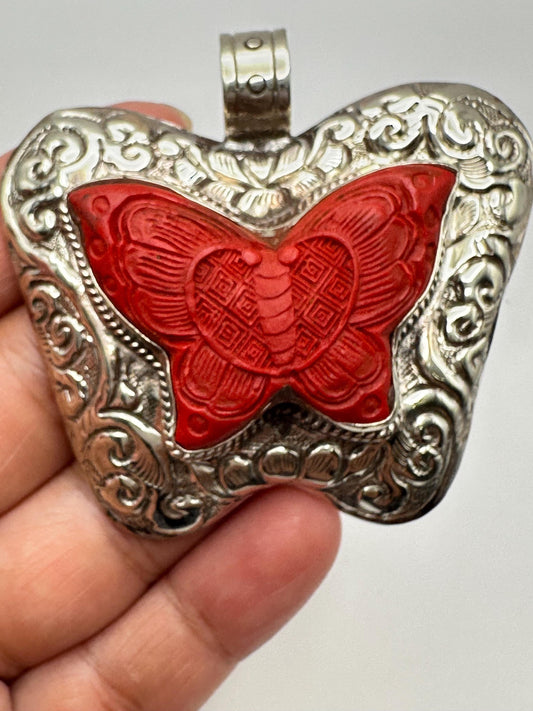 Cinnabar Butterfly Pendant: Handcrafted Tibetan Silver, Nepalese