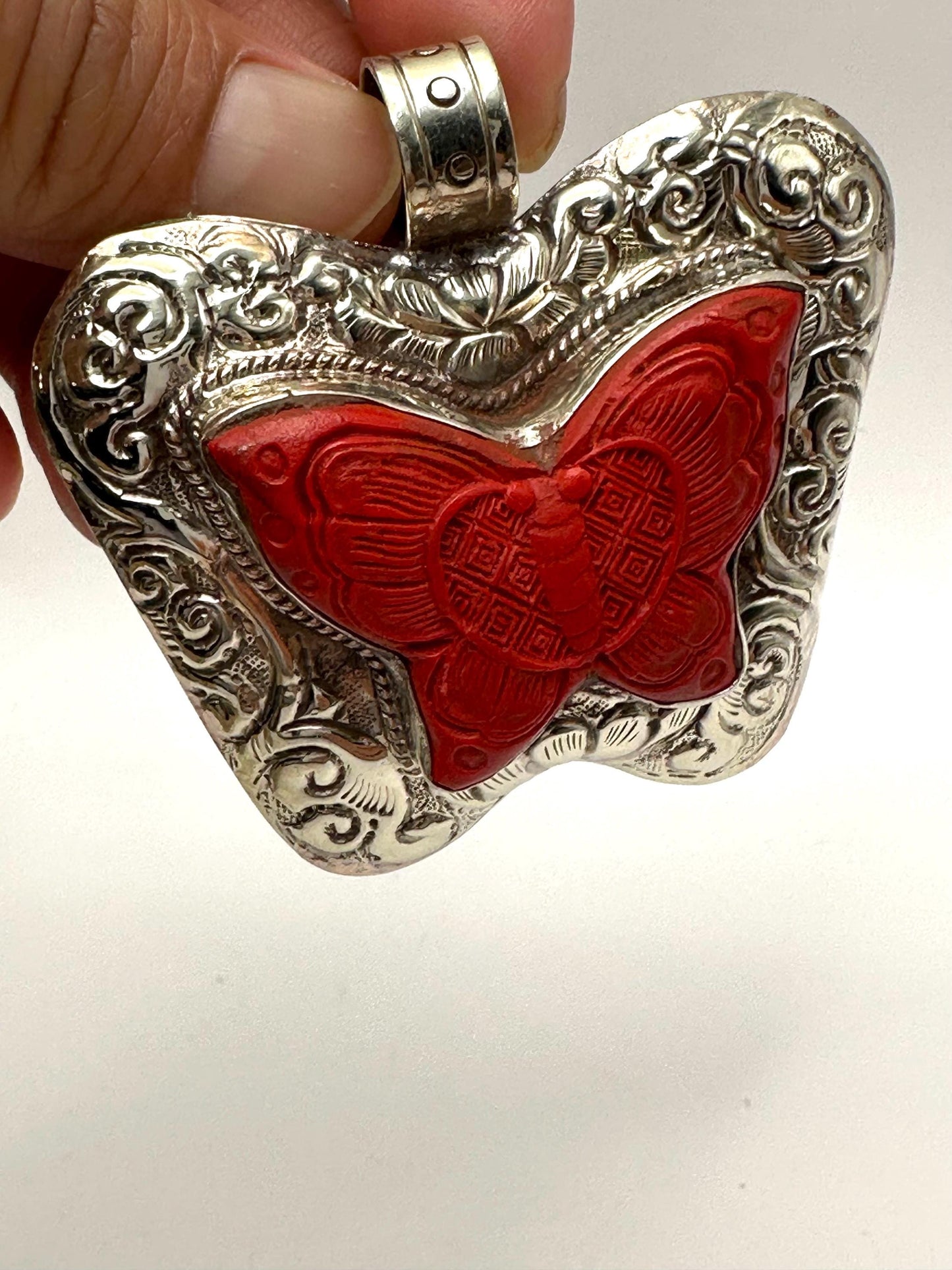 Cinnabar Butterfly Pendant: Handcrafted Tibetan Silver, Nepalese