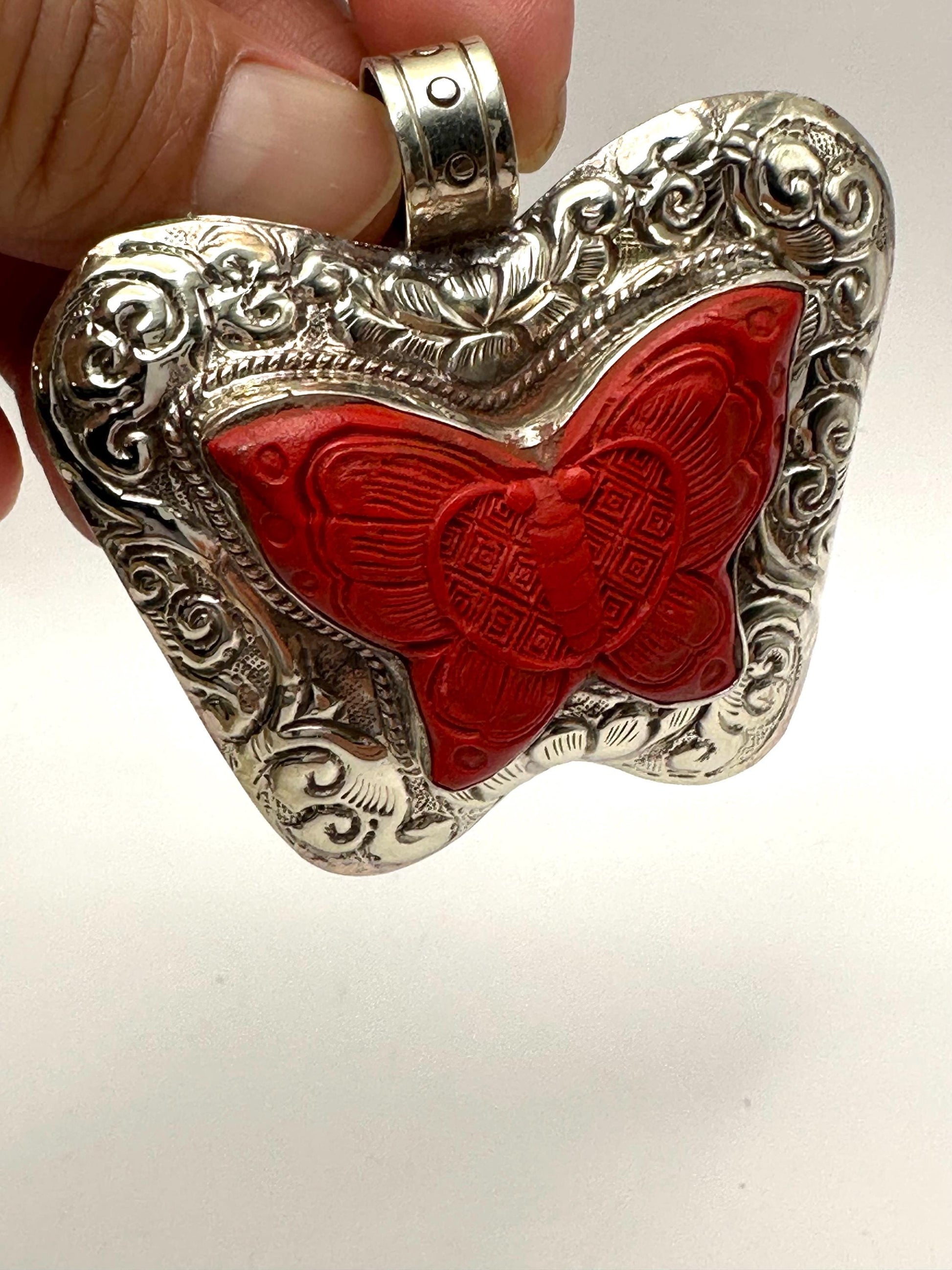 Cinnabar Butterfly Pendant: Handcrafted Tibetan Silver, Nepalese
