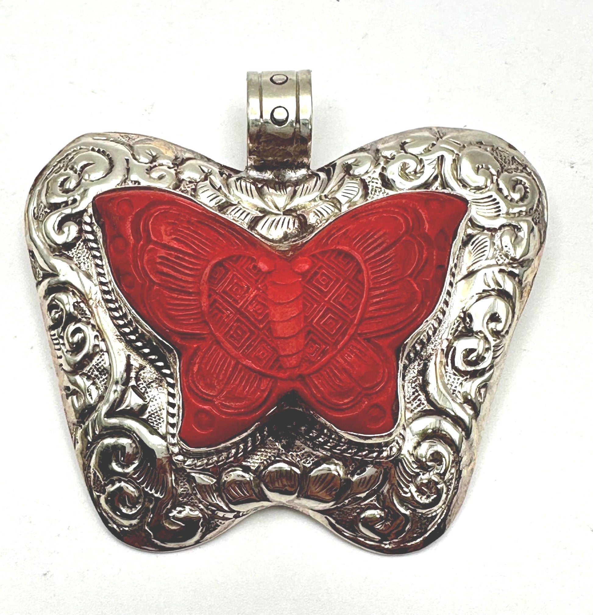 Cinnabar Butterfly Pendant: Handcrafted Tibetan Silver, Nepalese