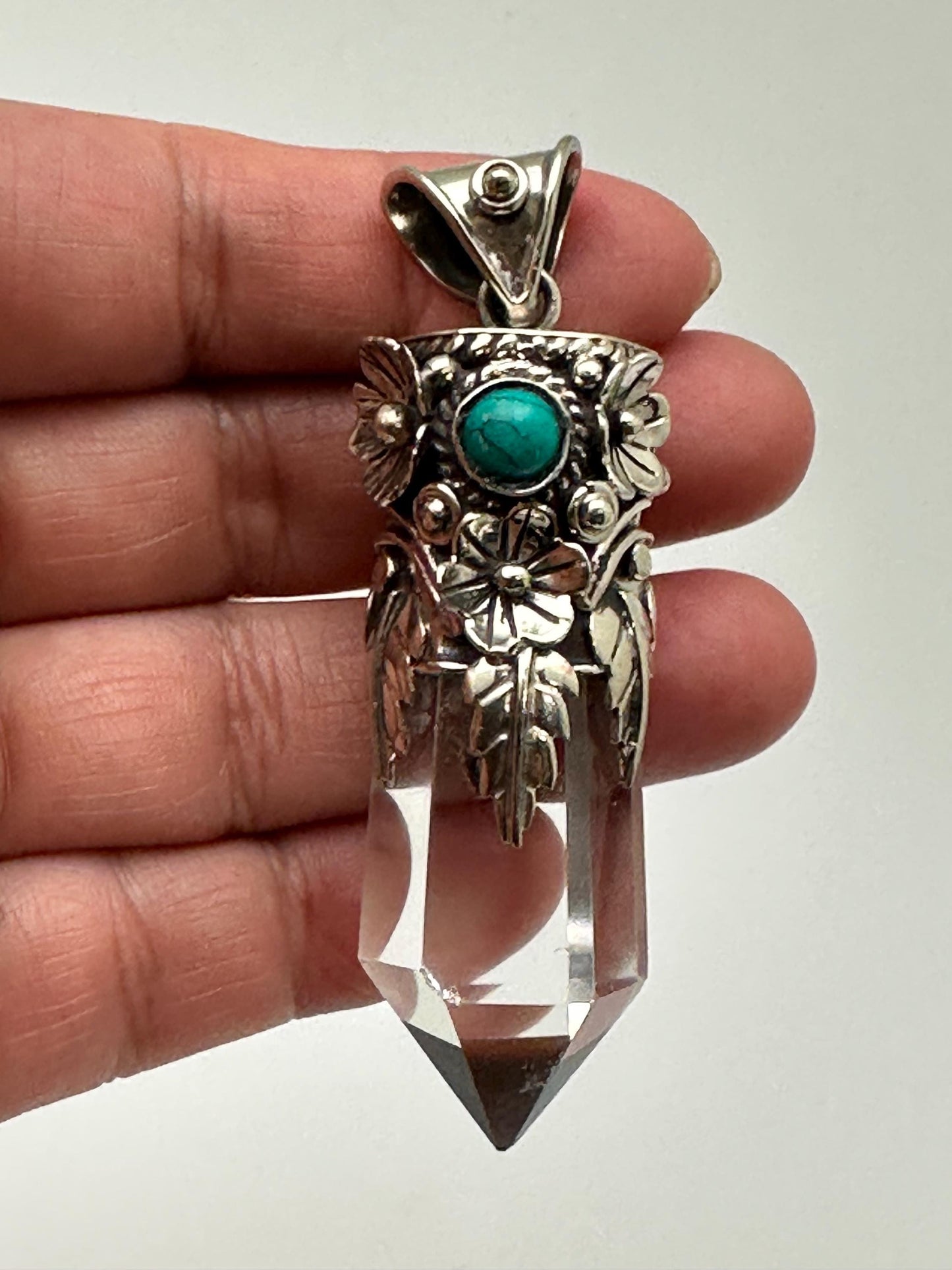 Quartz crystal point pendant, handcrafted, Tibetan silver, turquoise, floral, Nepalese, ethnic style,