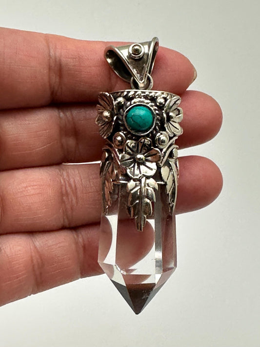 Quartz crystal point pendant, handcrafted, Tibetan silver, turquoise, floral, Nepalese, ethnic style,