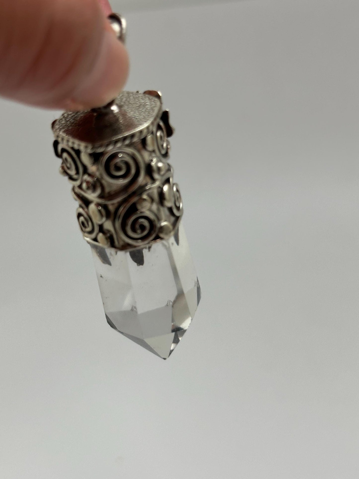 Quartz crystal point pendant, handcrafted, Tibetan silver, turquoise, floral, Nepalese, ethnic style,