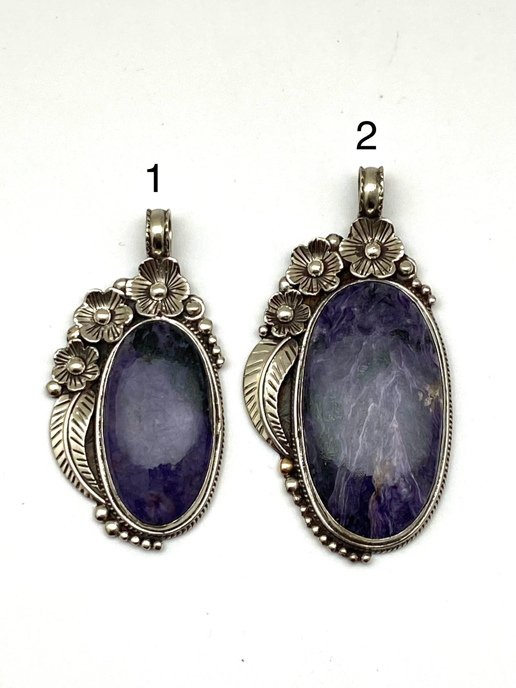 Charoite Pendant, Handcrafted, Tibetan silver, floral design, ethnic style, Nepalese