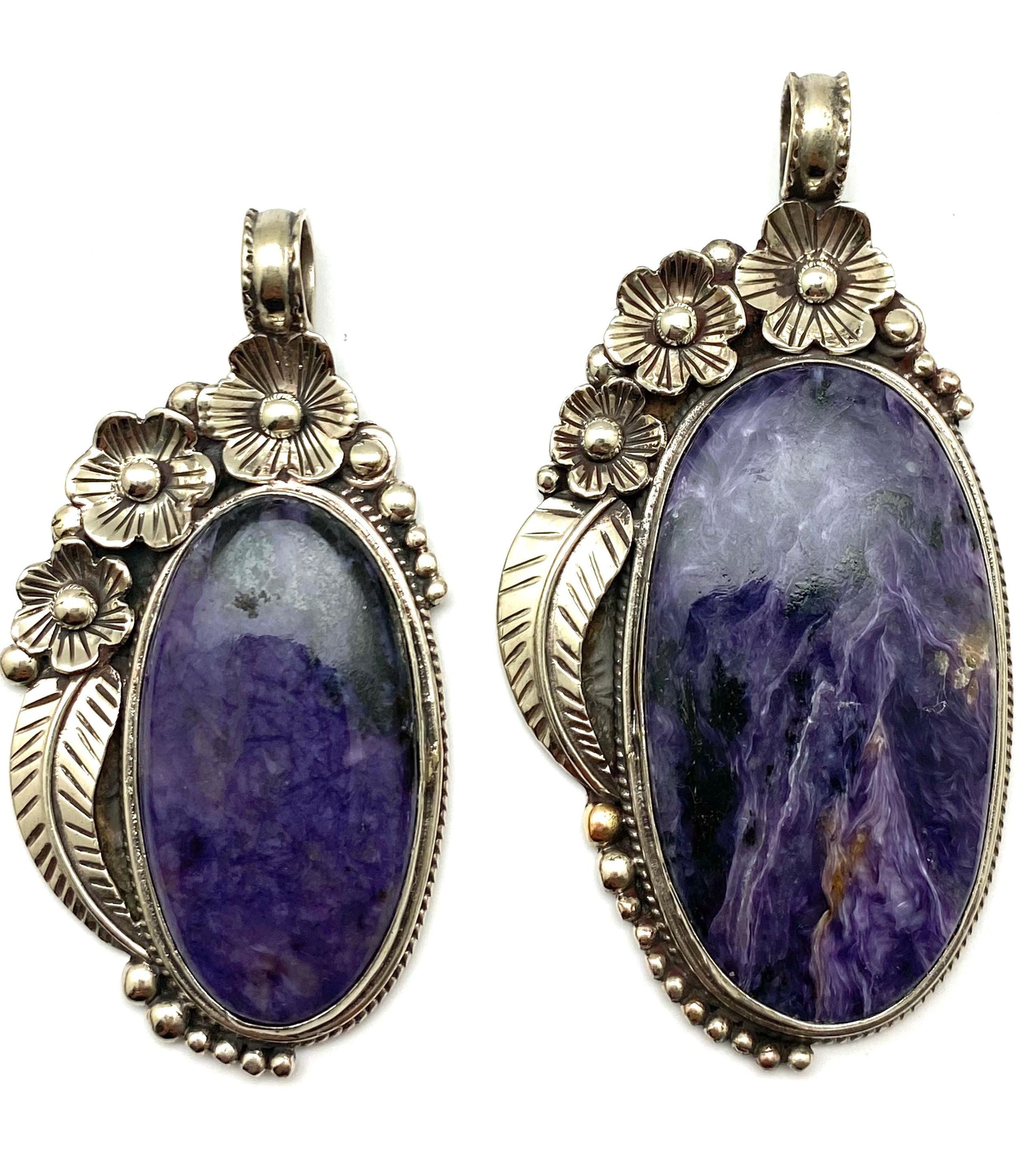 Charoite Pendant, Handcrafted, Tibetan silver, floral design, ethnic style, Nepalese