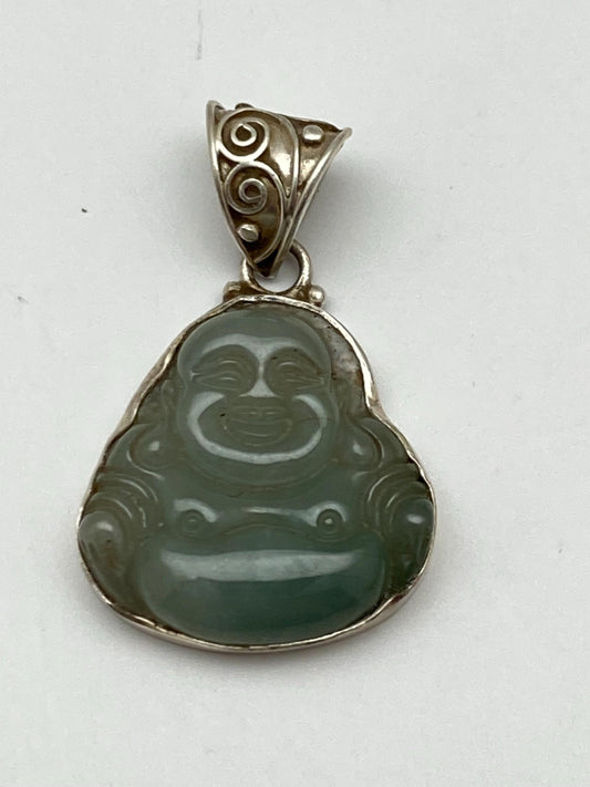 Jade Happy Buddha Pendant: Sterling Silver Amulet, Handcrafted Nepalese