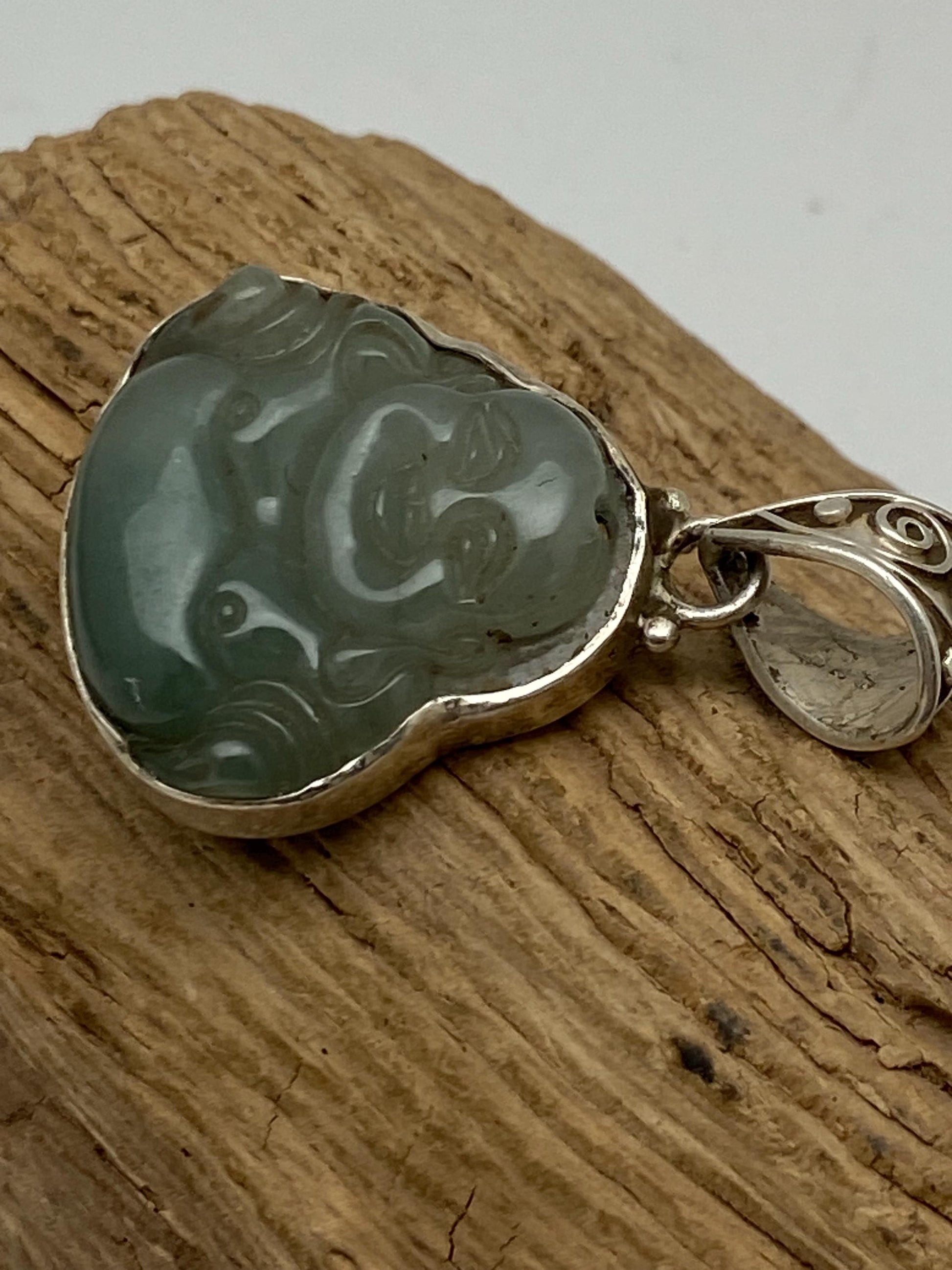 Jade Happy Buddha Pendant: Sterling Silver Amulet, Handcrafted Nepalese