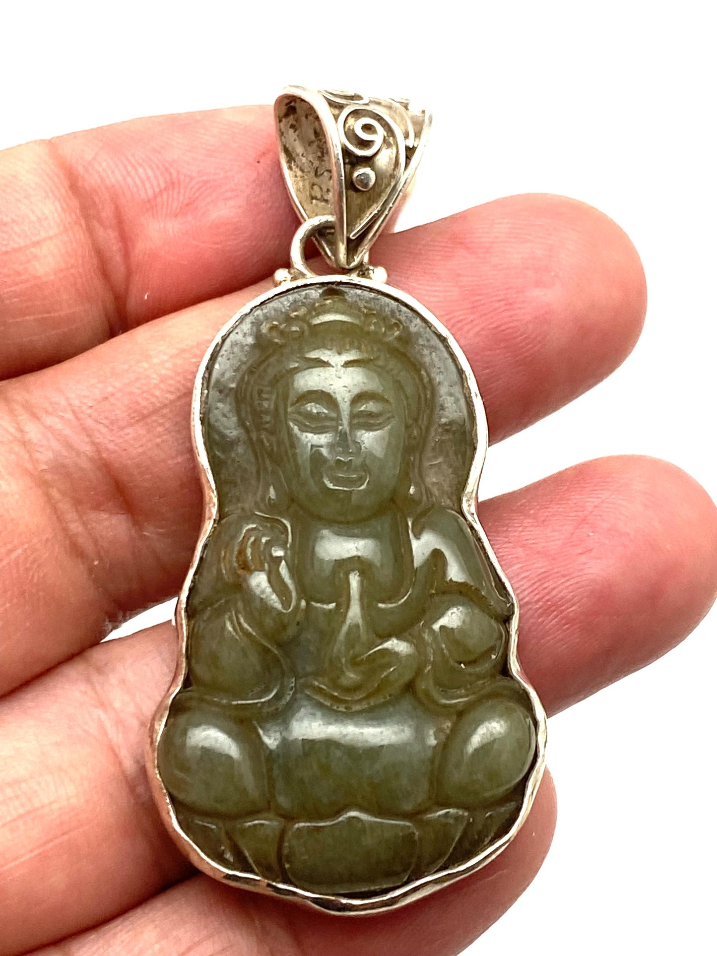 Handcrafted Jade KwanYin Pendant: Sterling Silver Boddhisatva