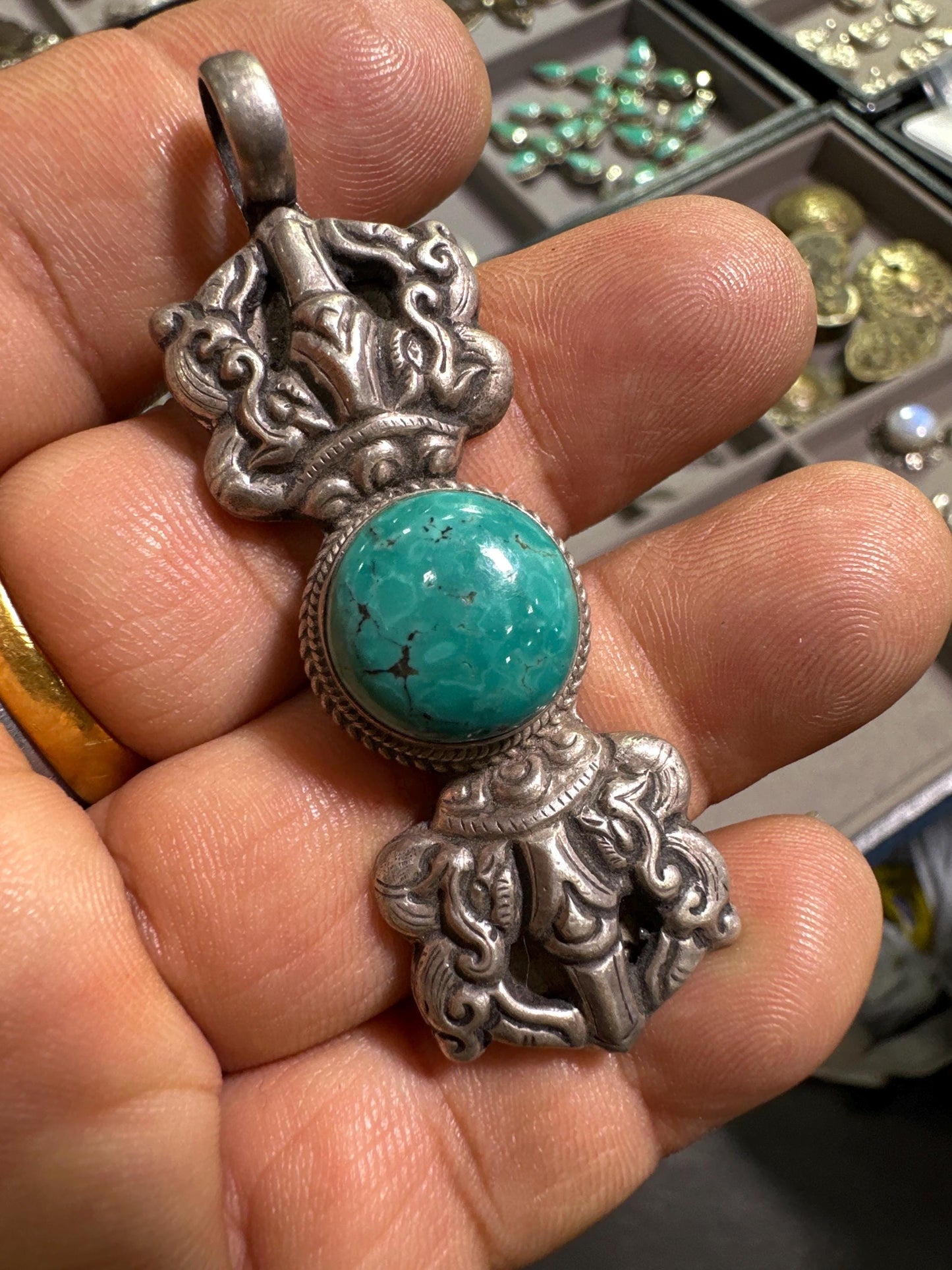 Vajra, dorje, Buddhist amulet pendant,Turquoise,handcrafted,Sterling silver,Ritual object,meditation,spiritual
