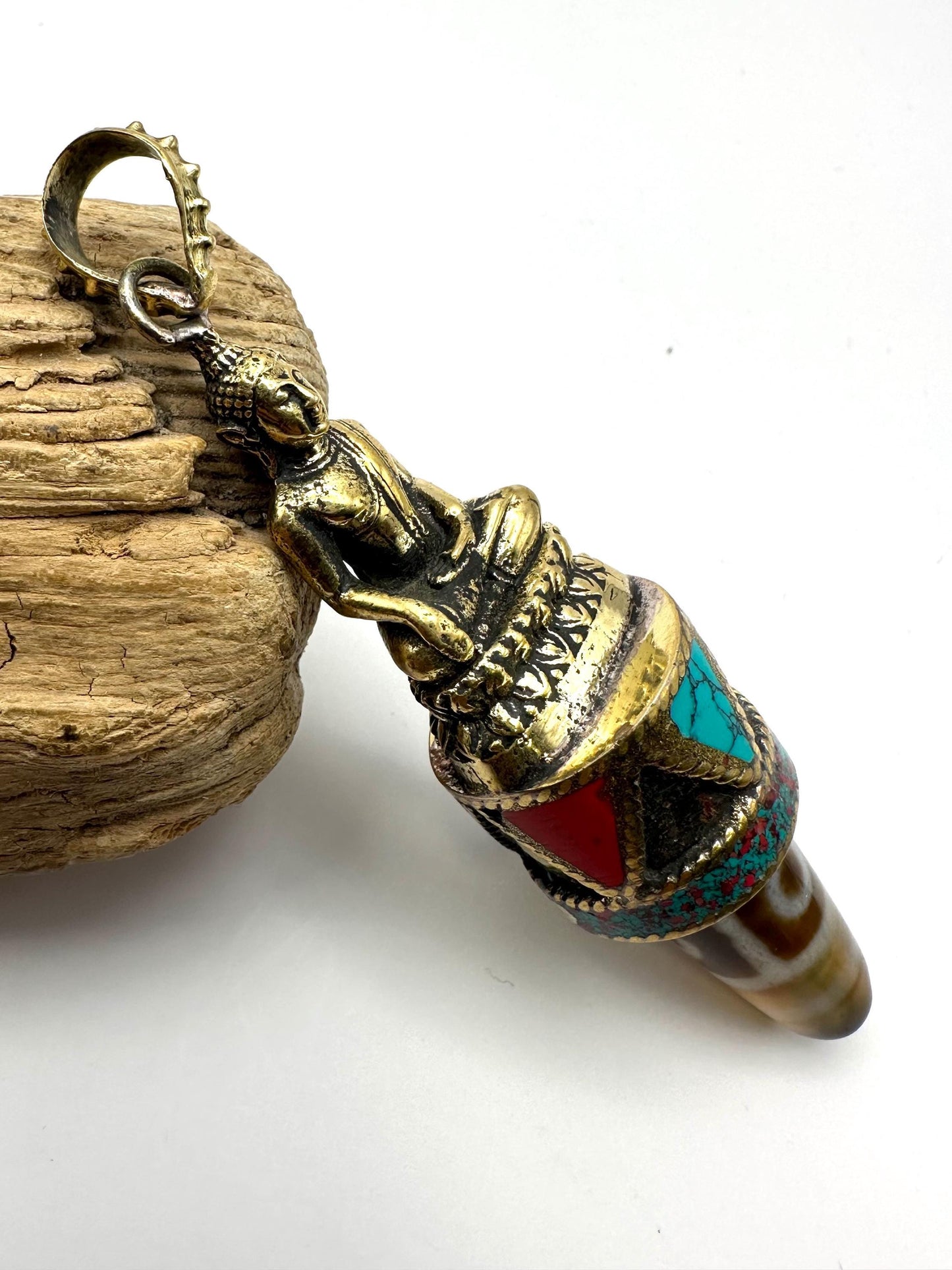 Handcrafted Brass Buddha Pendant: Agate Dzi Bead, Nepalese