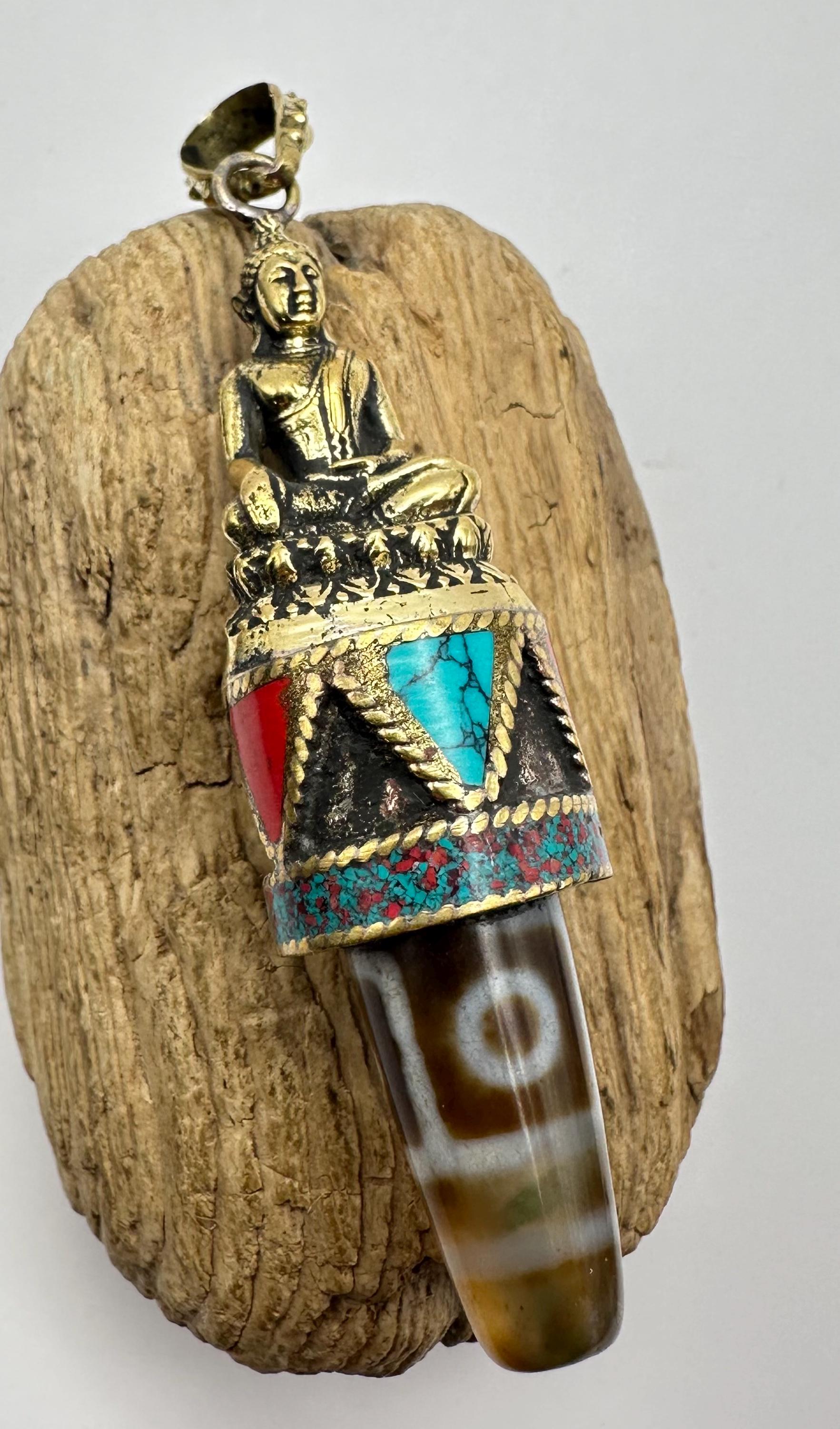 Handcrafted Brass Buddha Pendant: Agate Dzi Bead, Nepalese