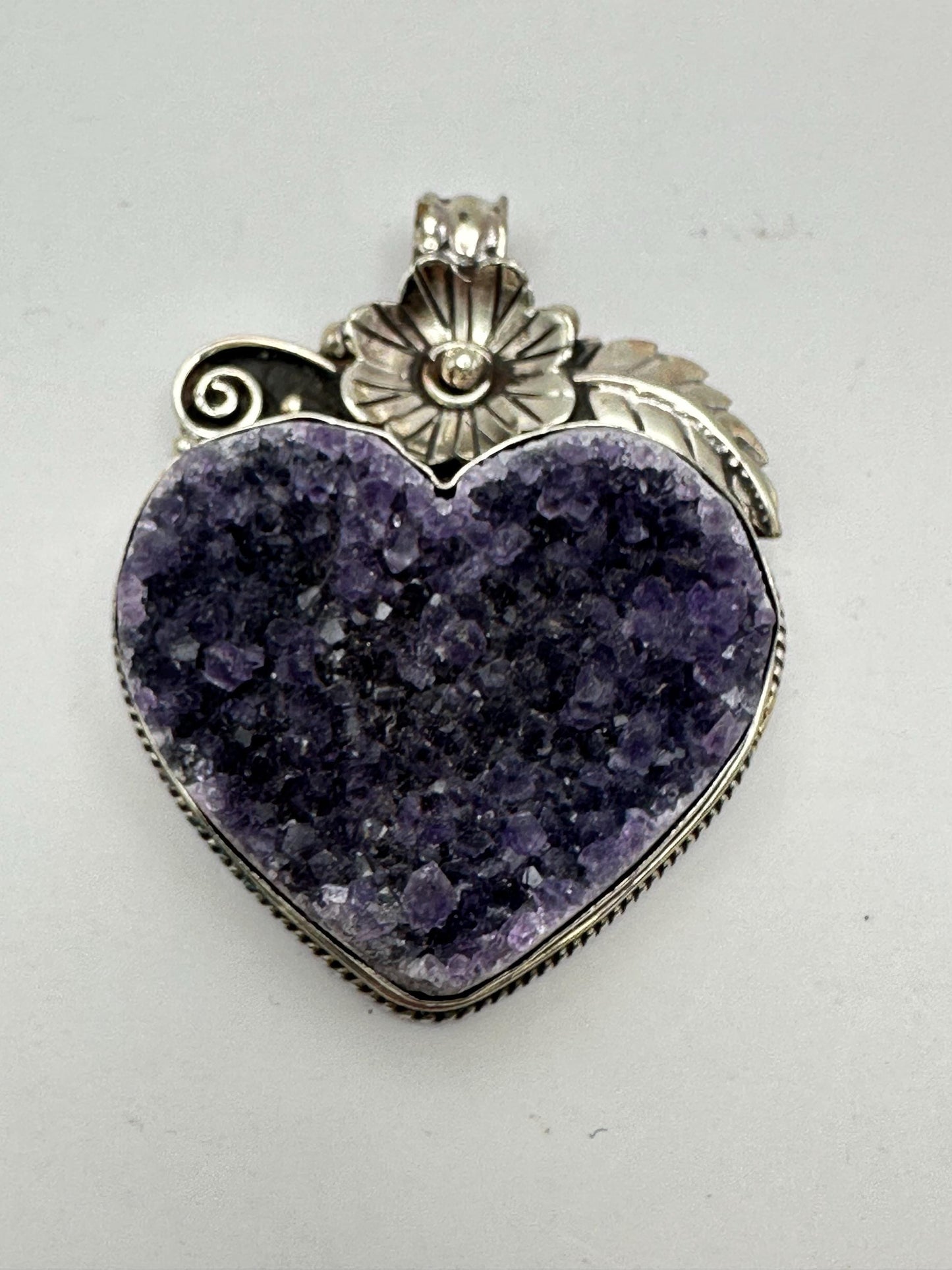 Amethyst Druzy Heart Pendant: Handcrafted Tibetan Silver Floral Design