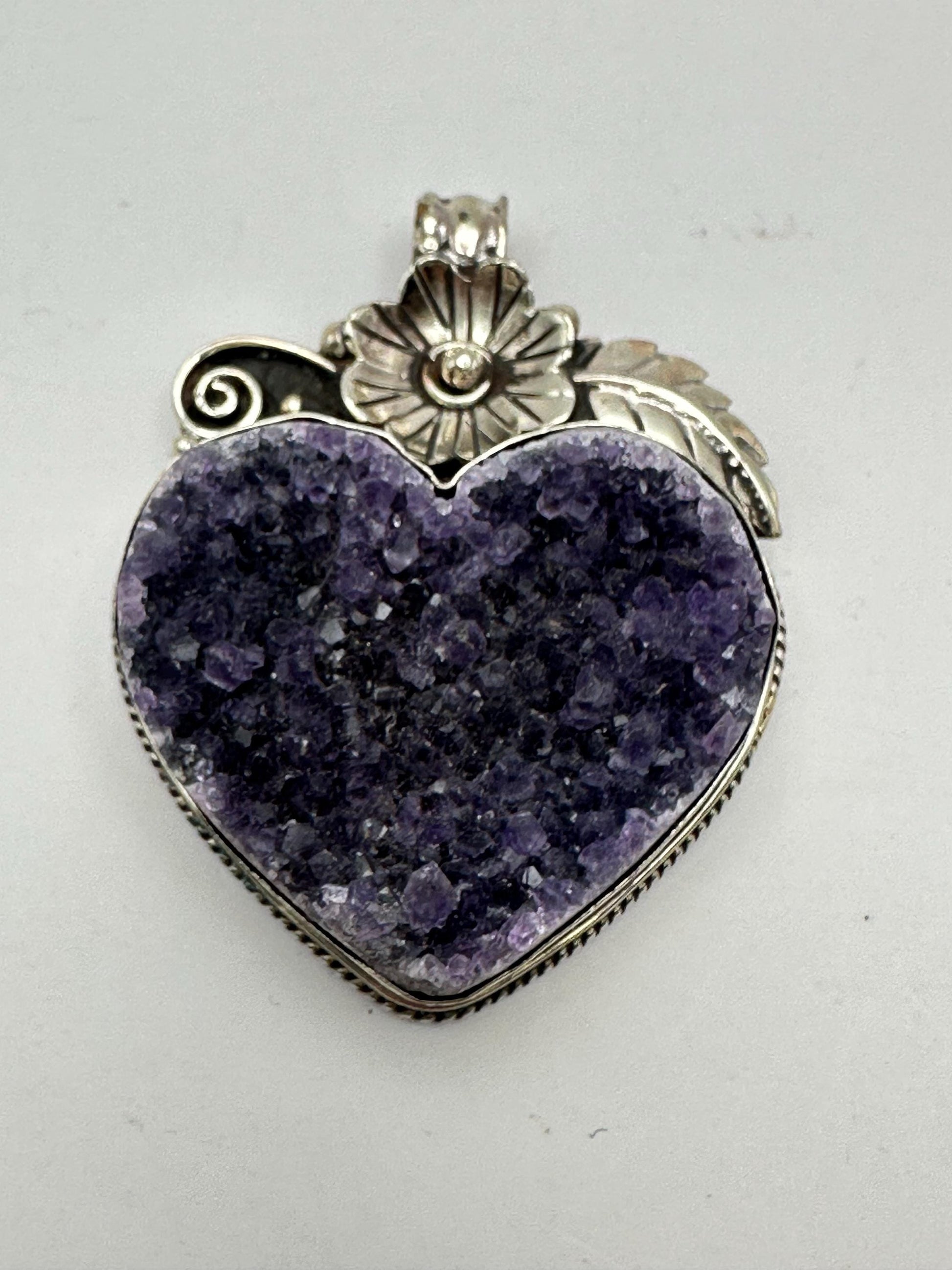 Amethyst Druzy Heart Pendant: Handcrafted Tibetan Silver Floral Design
