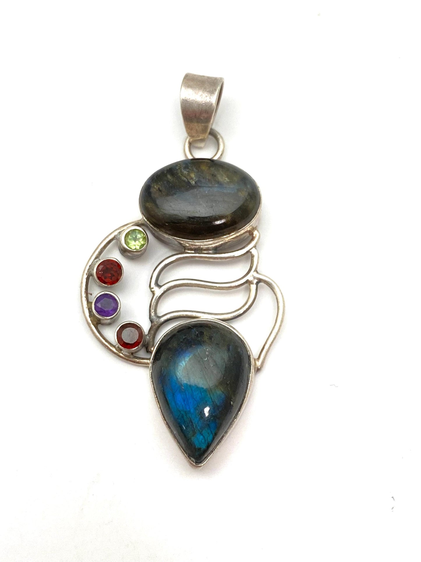 labradorite pendant, large pendant, handcrafted,multiple stones, sterling silver, Nepalese