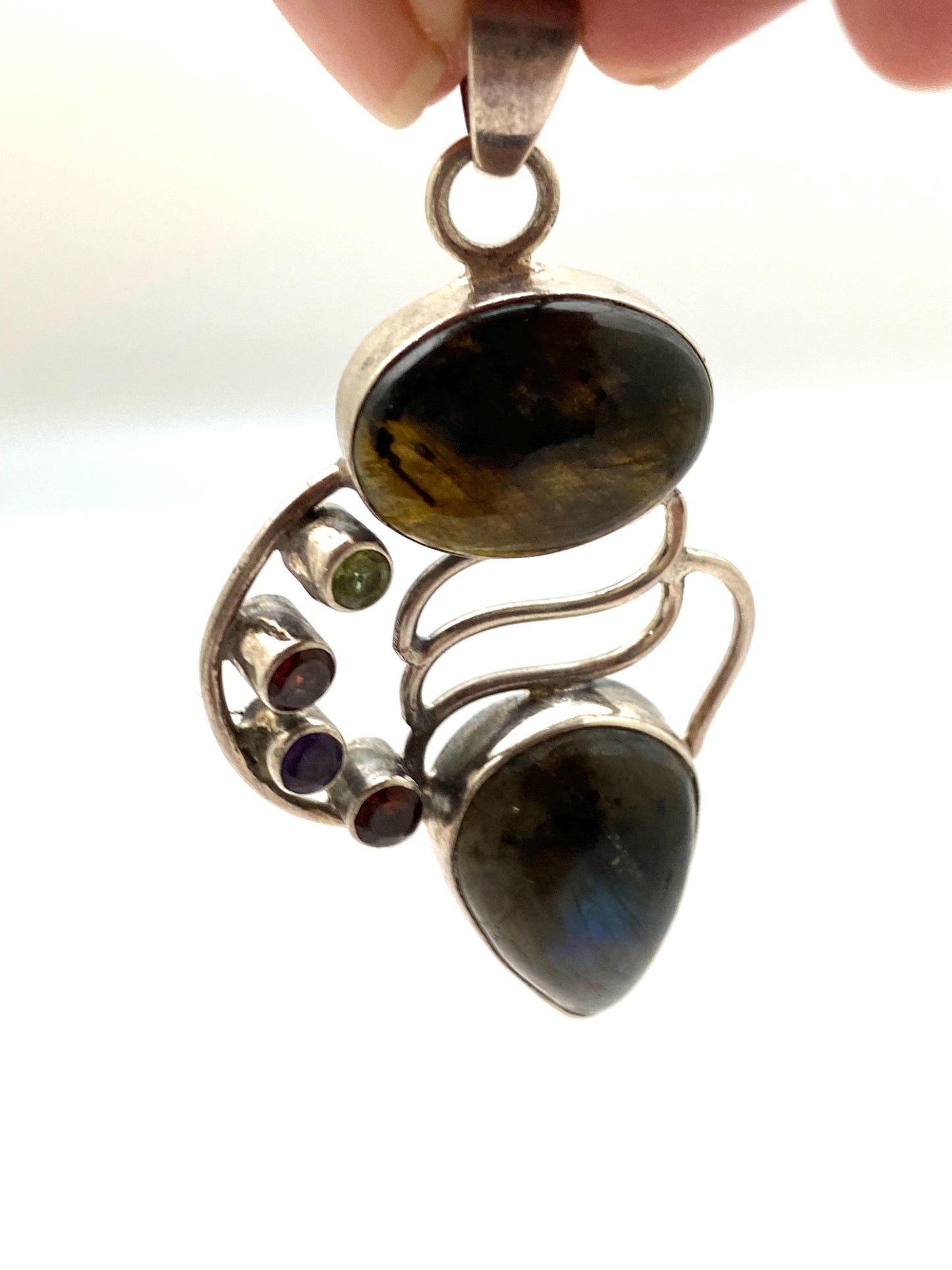 labradorite pendant, large pendant, handcrafted,multiple stones, sterling silver, Nepalese