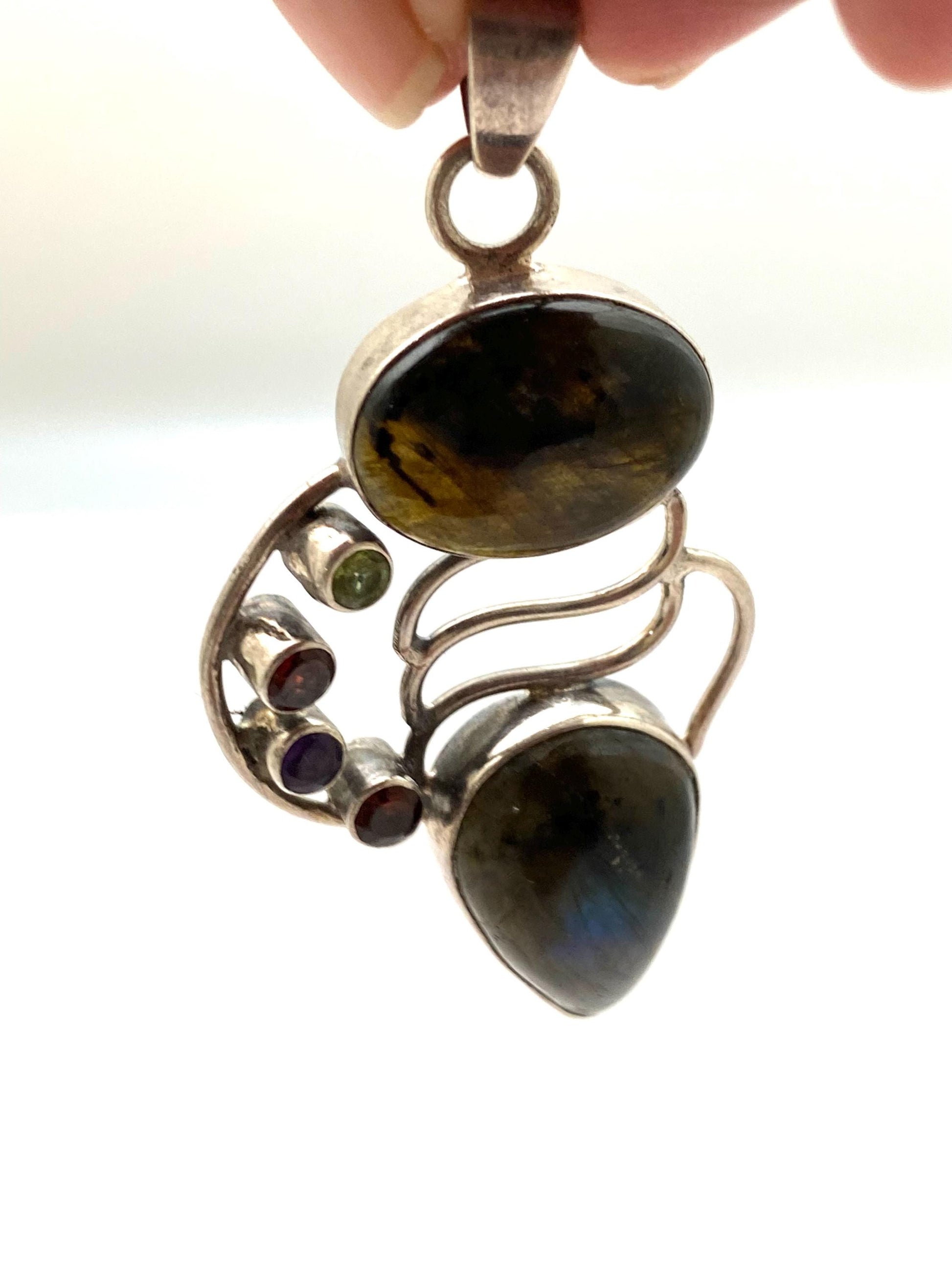 labradorite pendant, large pendant, handcrafted,multiple stones, sterling silver, Nepalese