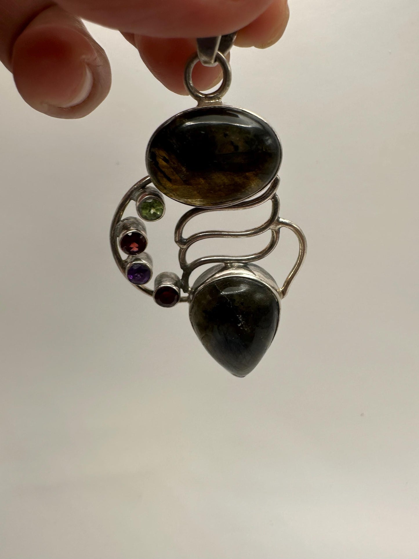 labradorite pendant, large pendant, handcrafted,multiple stones, sterling silver, Nepalese
