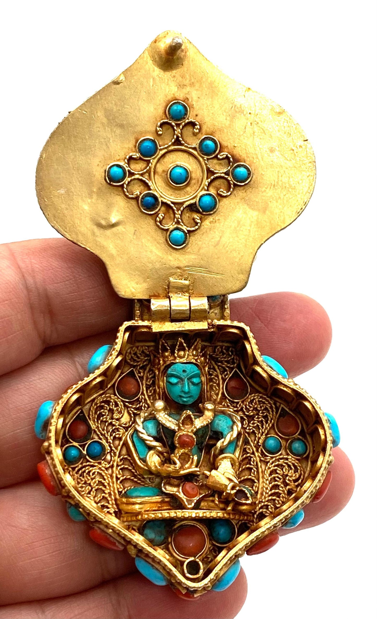 Gold-Plated Sterling Silver Gau Box Pendant: Turquoise & Coral Inlay