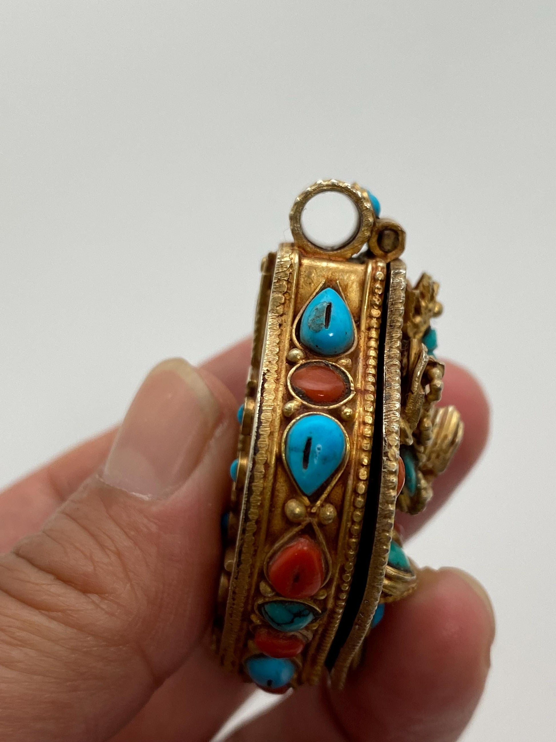 Gold-Plated Sterling Silver Gau Box Pendant: Turquoise & Coral Inlay