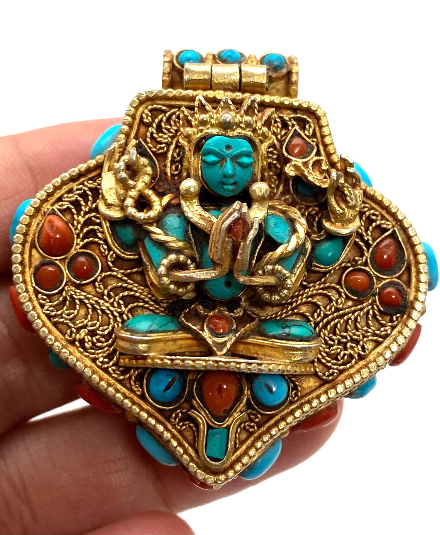 Gold-Plated Sterling Silver Gau Box Pendant: Turquoise & Coral Inlay