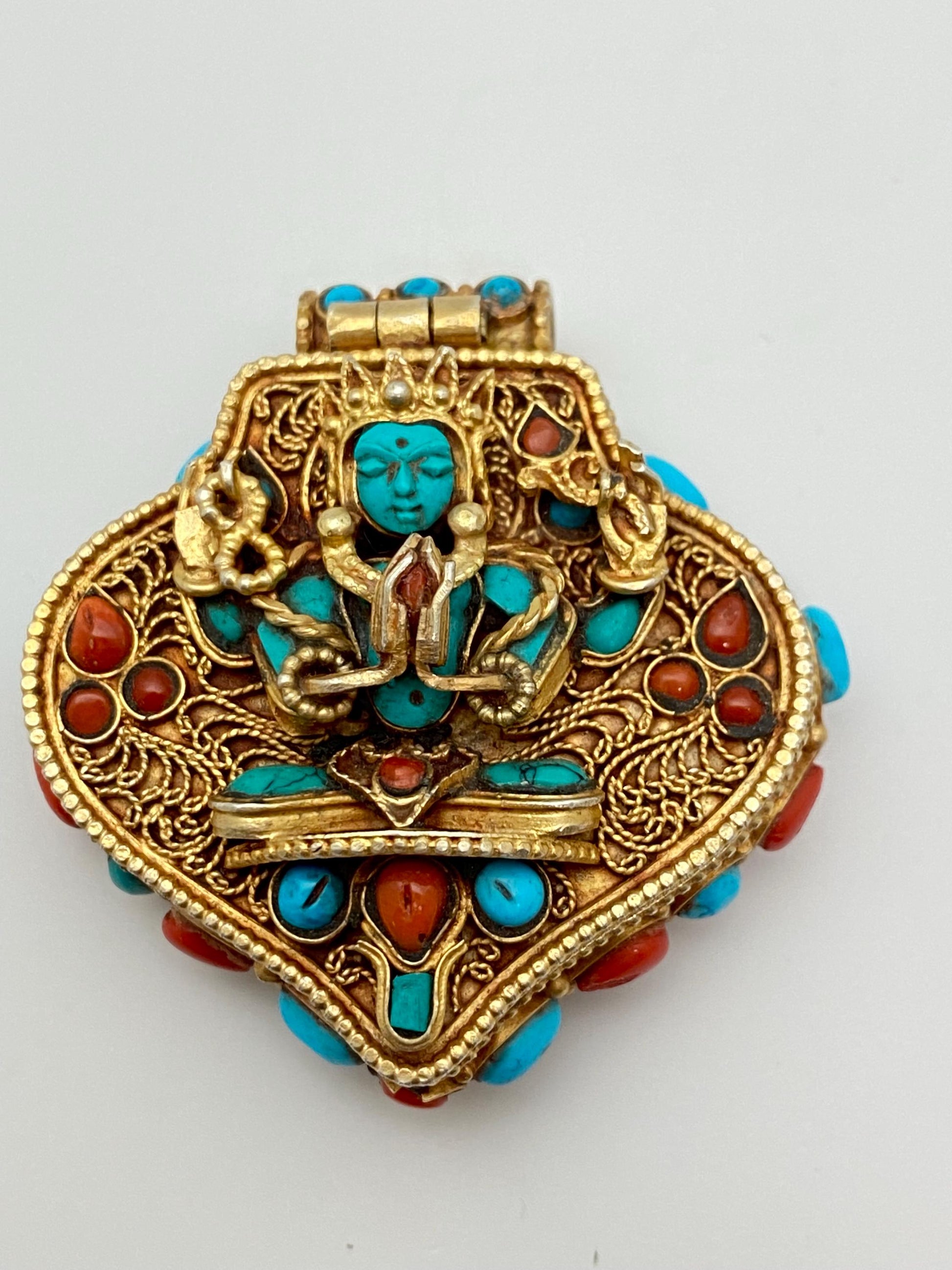 Gold-Plated Sterling Silver Gau Box Pendant: Turquoise & Coral Inlay