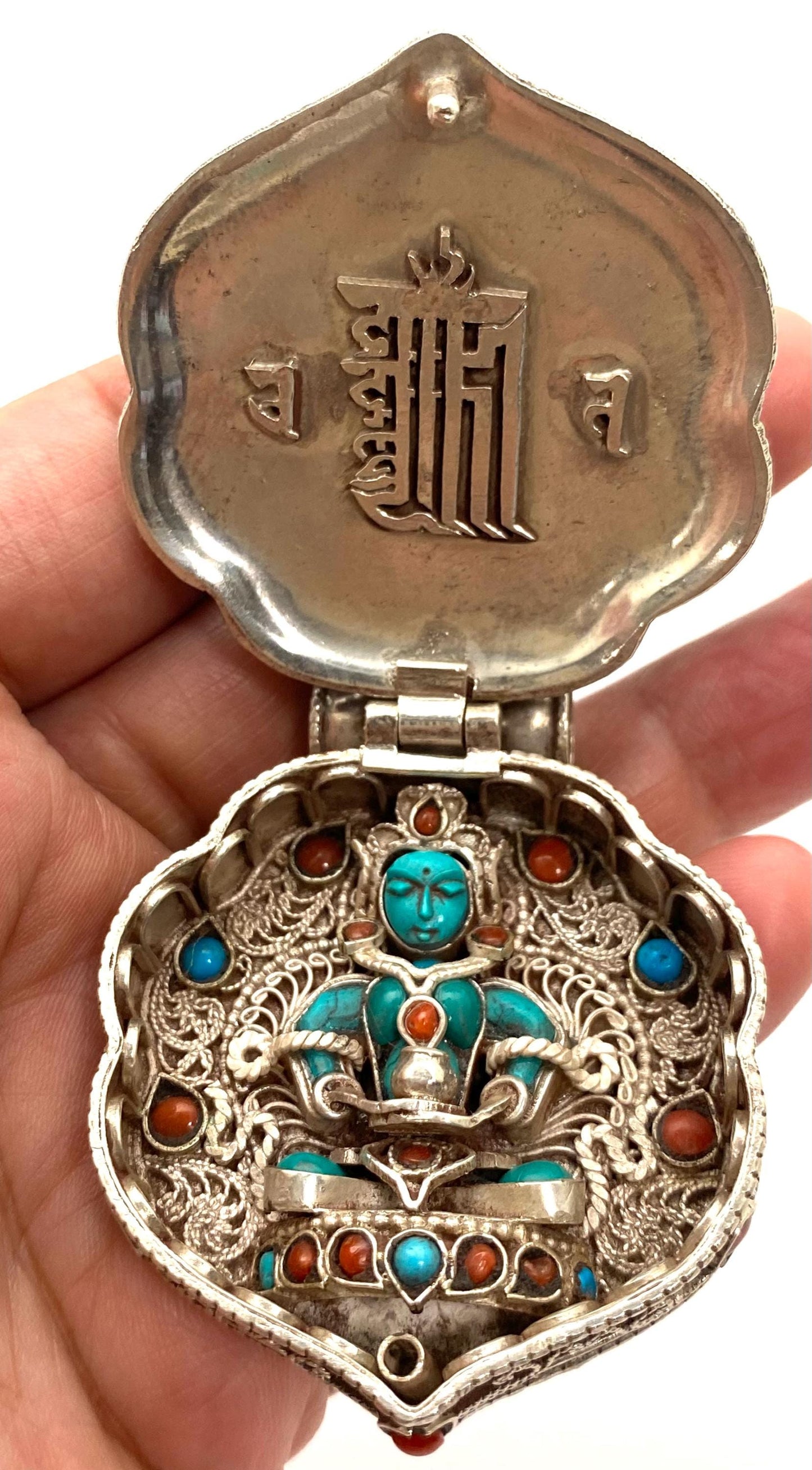 Handcrafted Sterling Silver Amitayush Buddha Pendant: Coral, Turquoise, Ruby, Emerald