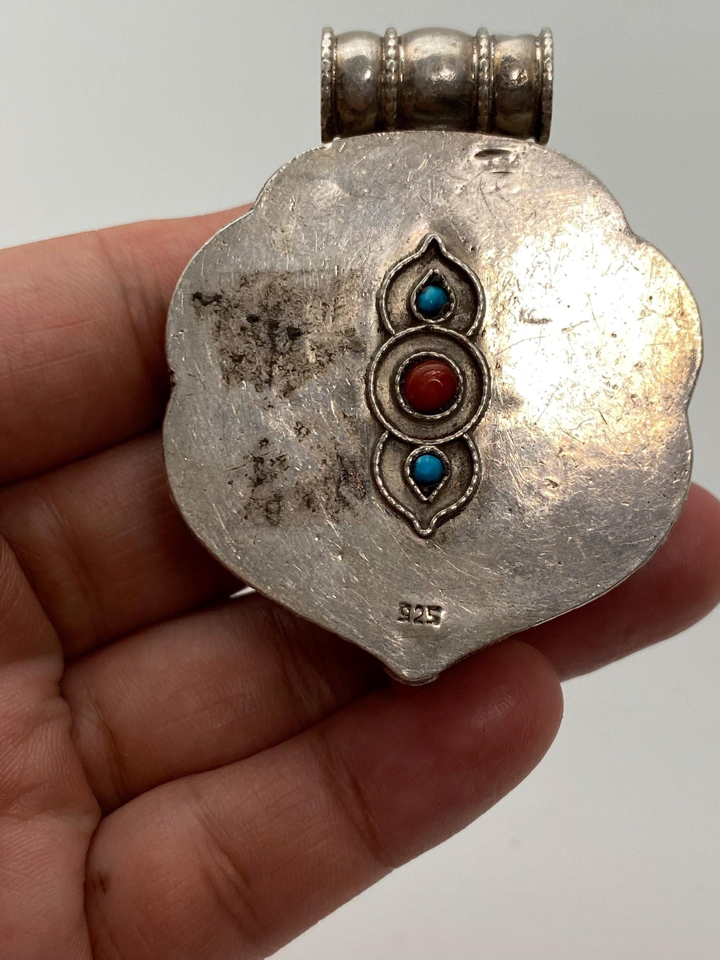 Handcrafted Sterling Silver Amitayush Buddha Pendant: Coral, Turquoise, Ruby, Emerald