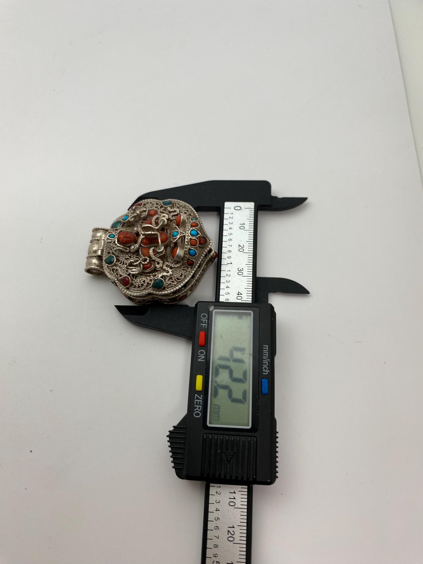 Handcrafted Sterling Silver Amitayush Buddha Pendant: Coral, Turquoise, Ruby, Emerald