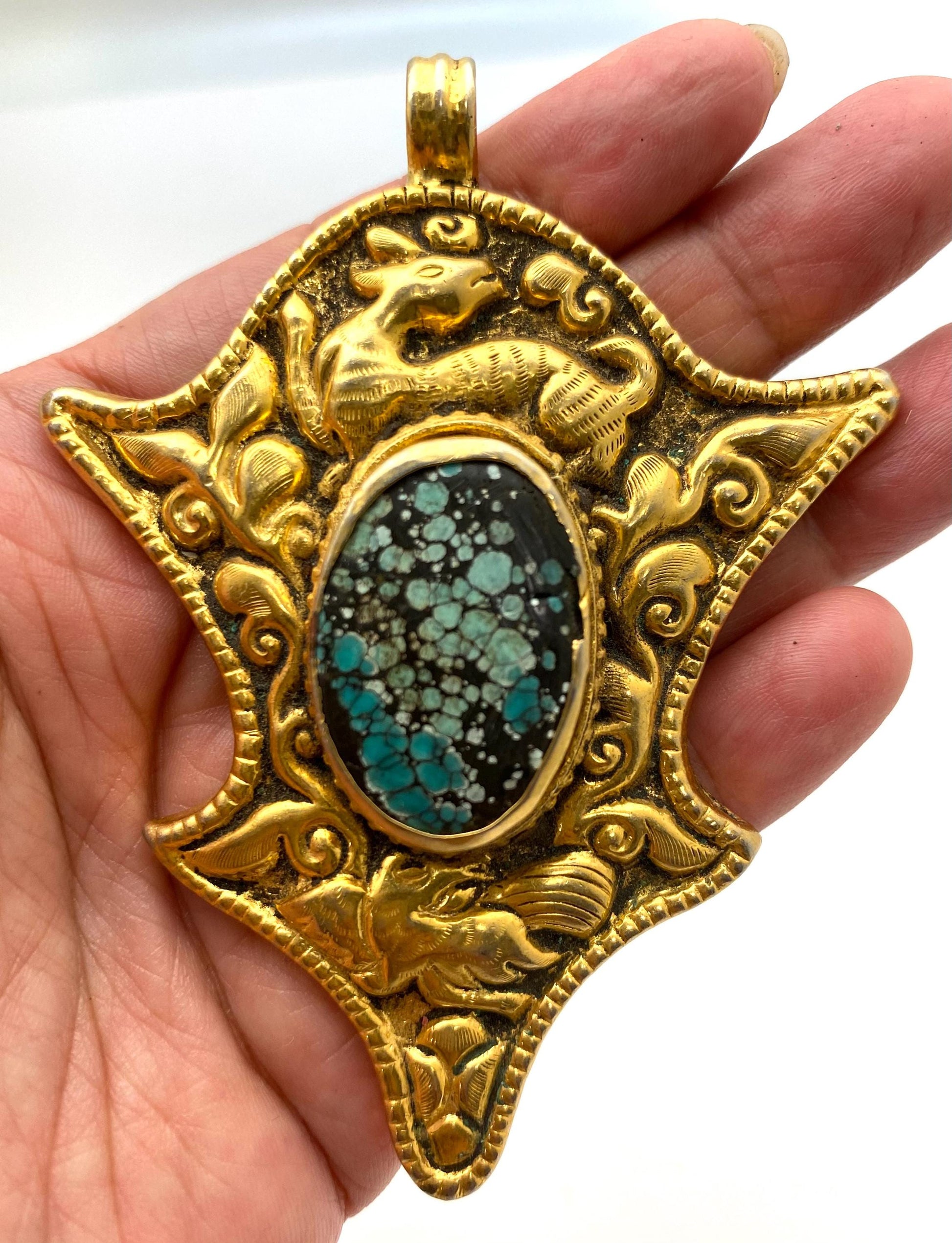 Large pendant, turquoise, handcrafted, Tibetan silver, ethnic style, animal lover, bird, baby deer,gold plated,Nepalese.