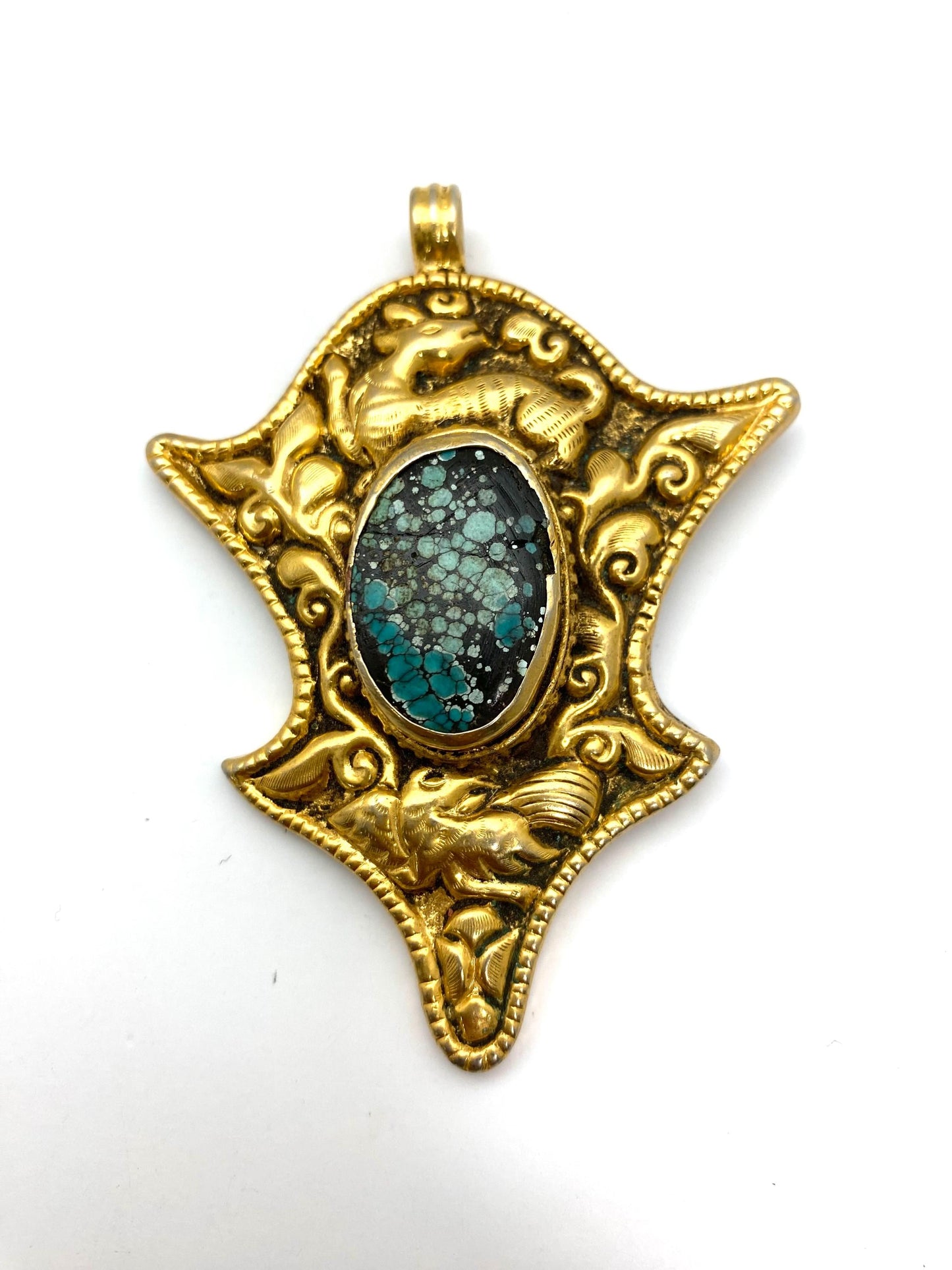 Large pendant, turquoise, handcrafted, Tibetan silver, ethnic style, animal lover, bird, baby deer,gold plated,Nepalese.