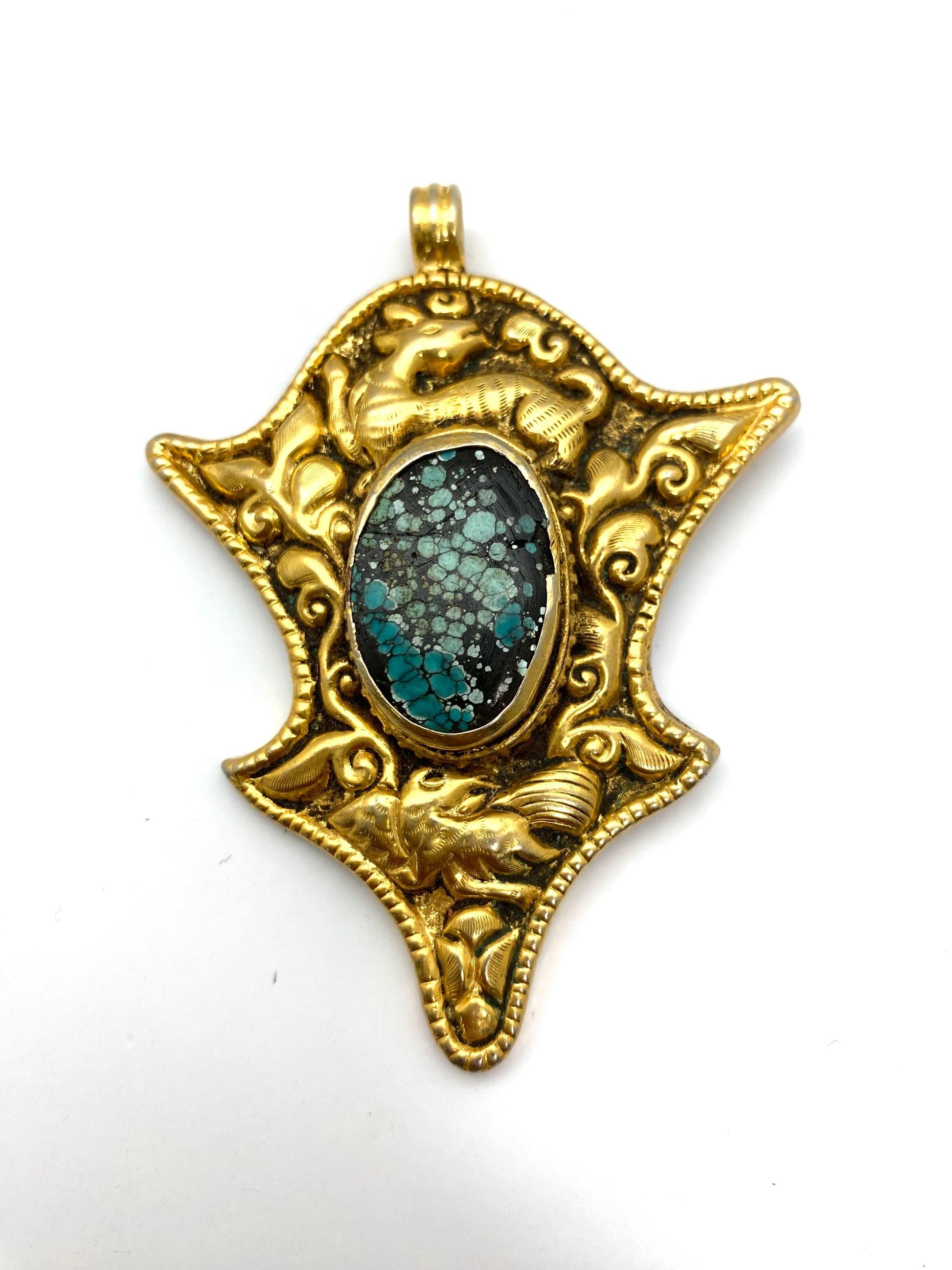 Large pendant, turquoise, handcrafted, Tibetan silver, ethnic style, animal lover, bird, baby deer,gold plated,Nepalese.