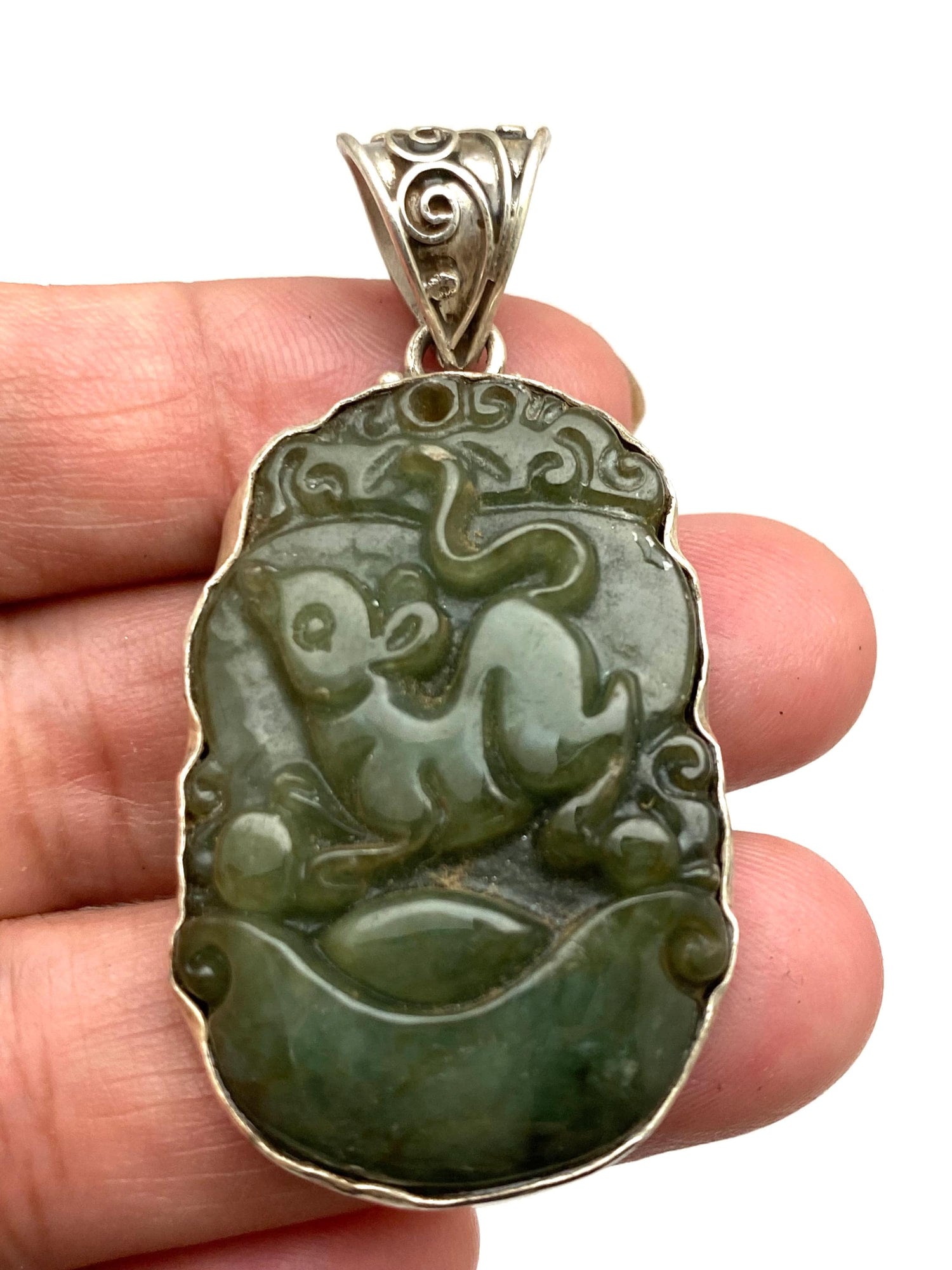 Carved Jade Rat Pendant: Sterling Silver Chinese Zodiac Charm