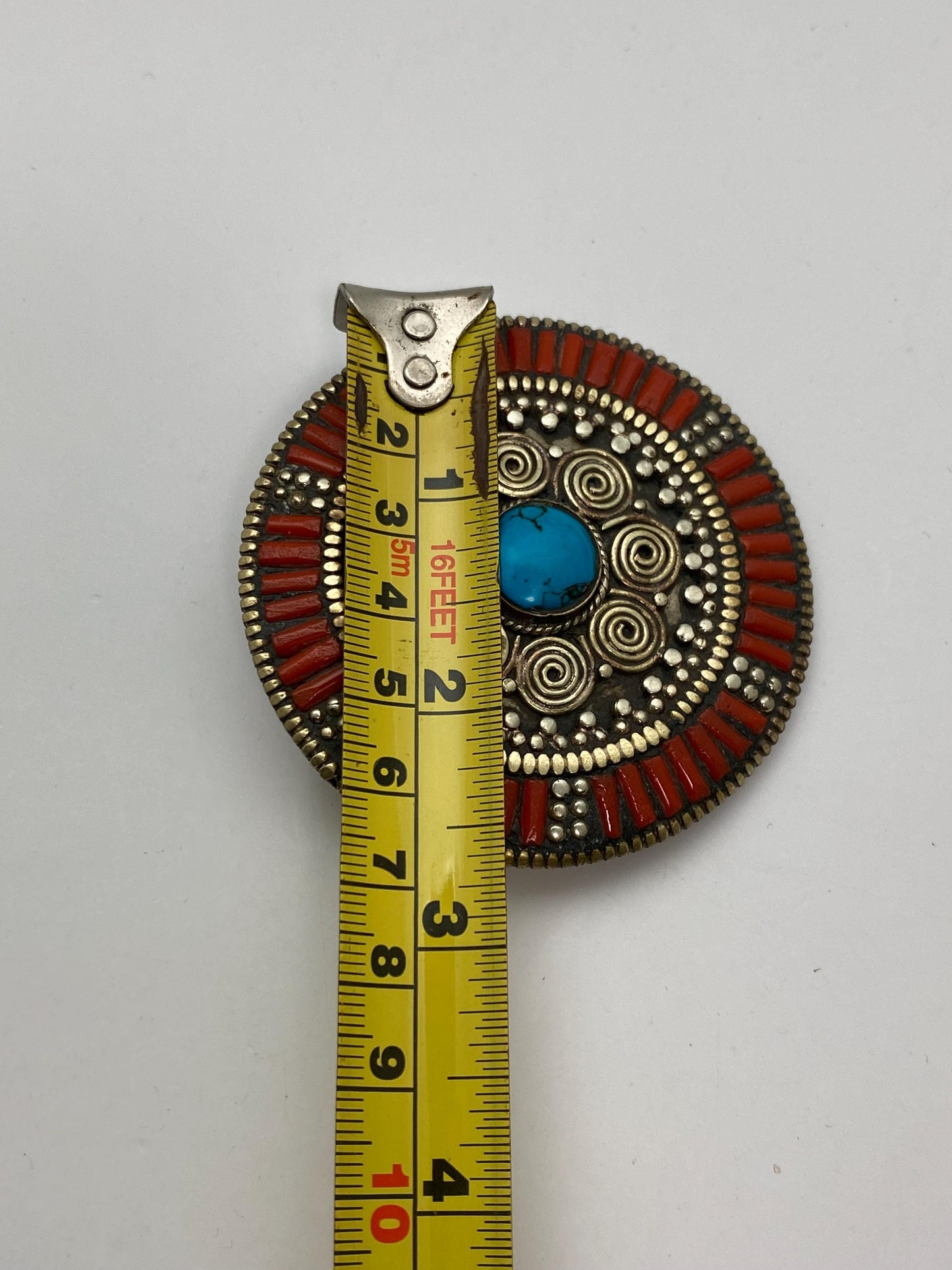 Belt buckle, handcrafted, Tibetan silver, coral, ethnic style, turquoise, Nepalese,