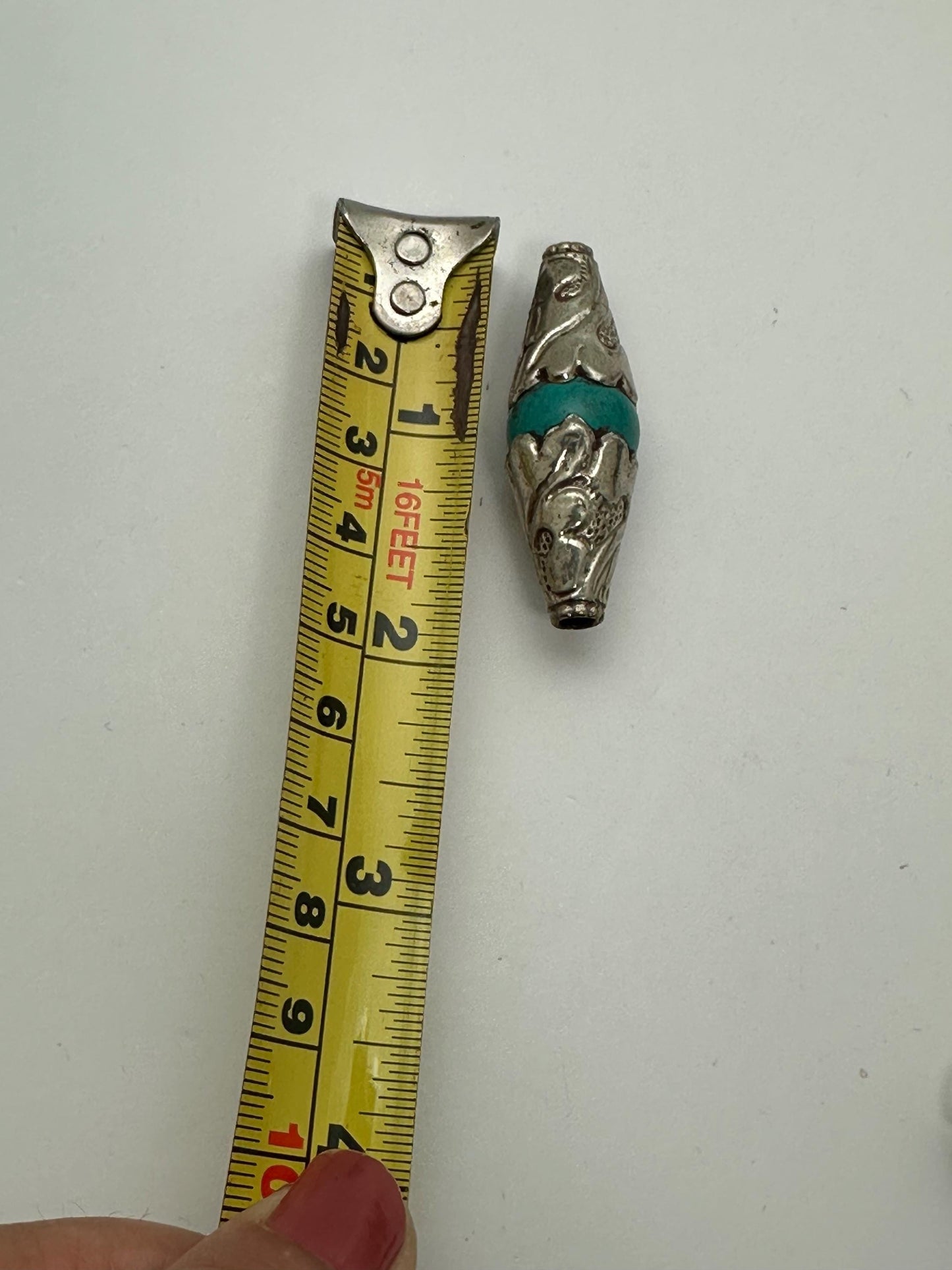 Turquoise bead, capped bead, handcrafted, Tube shape, Tibetan silver, ethnic ,Nepalese