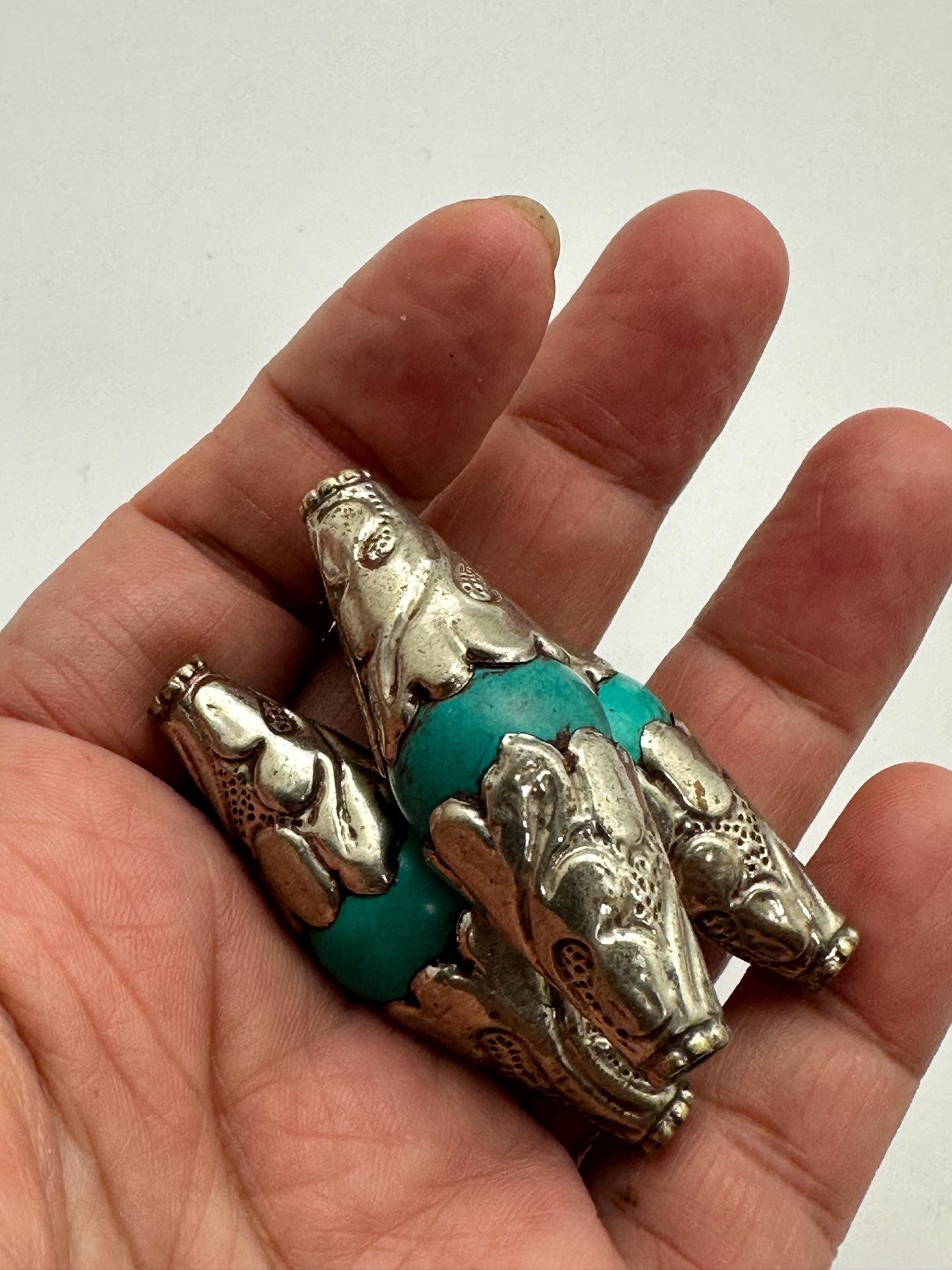 Turquoise bead, capped bead, handcrafted, Tube shape, Tibetan silver, ethnic ,Nepalese