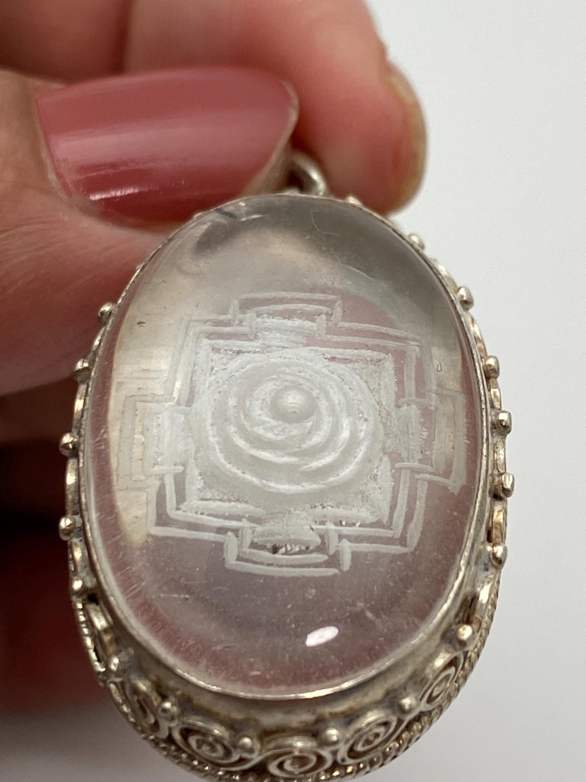 Shree yantra, shri yantra, quartz crystal carved, healing stone, amulet,spiritual, sterling silver, handcrafted, Nepalese