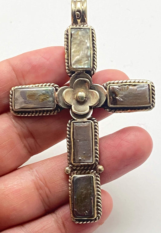Cross pendant, mother of pearl, handcrafted, Tibetan silver, floral, Nepalese