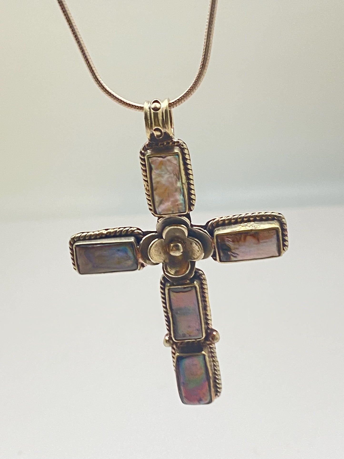 Cross pendant, mother of pearl, handcrafted, Tibetan silver, floral, Nepalese