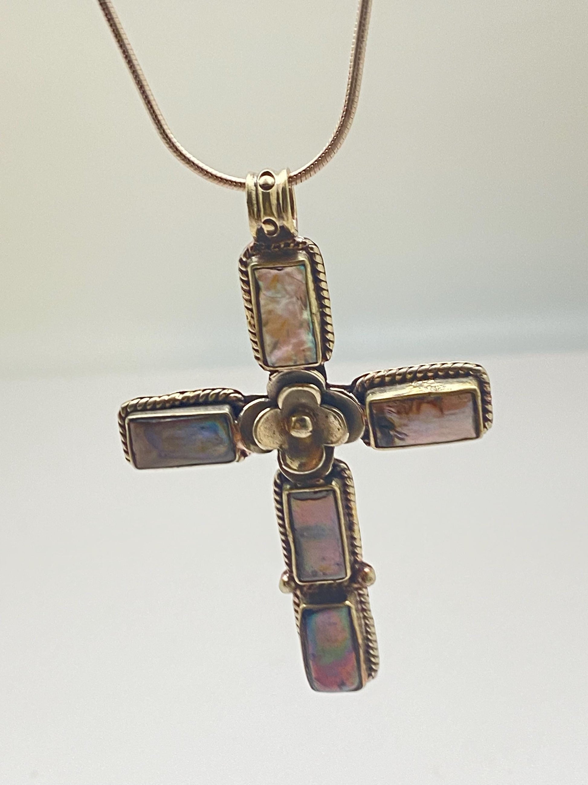 Cross pendant, mother of pearl, handcrafted, Tibetan silver, floral, Nepalese