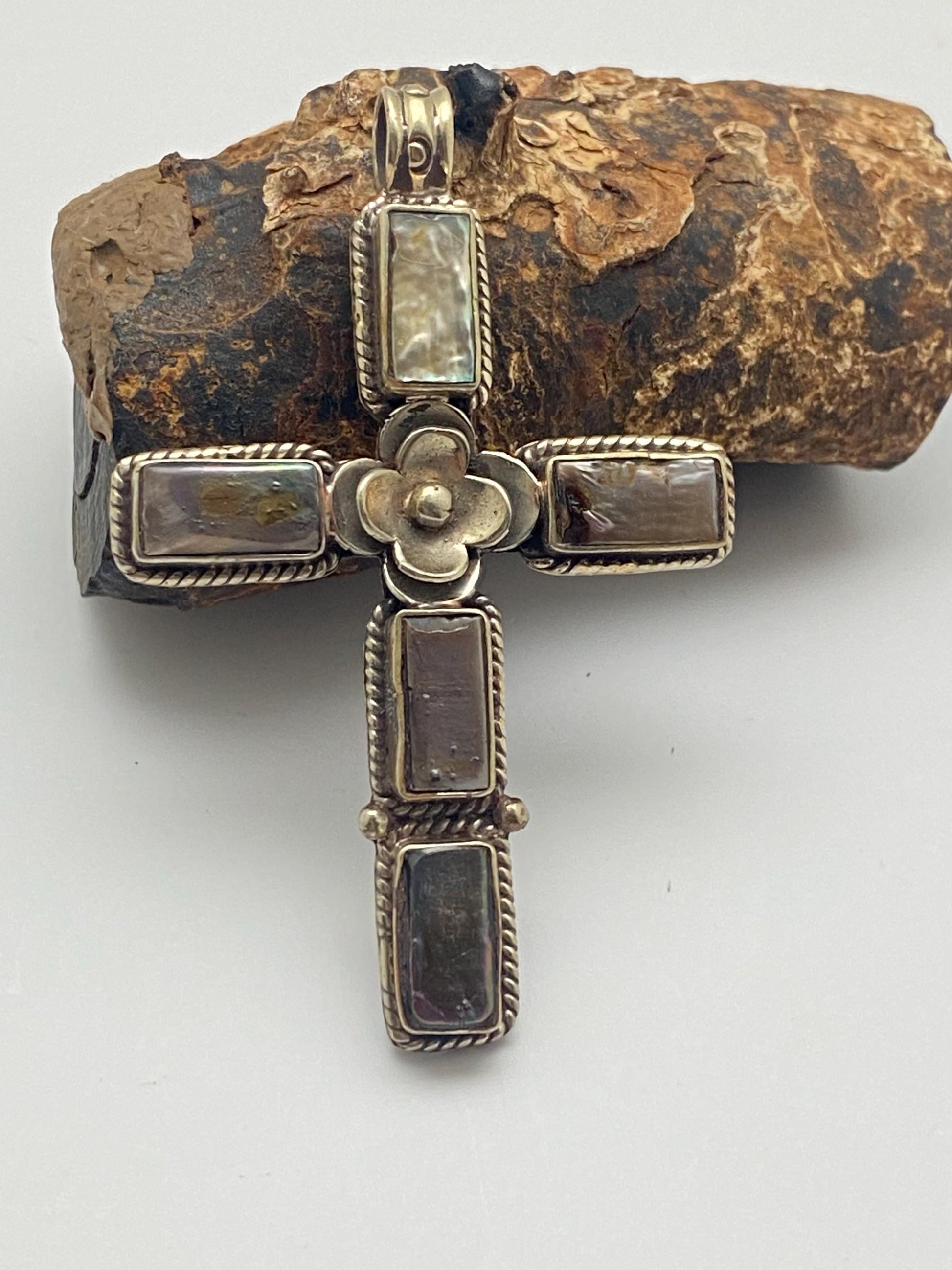 Cross pendant, mother of pearl, handcrafted, Tibetan silver, floral, Nepalese