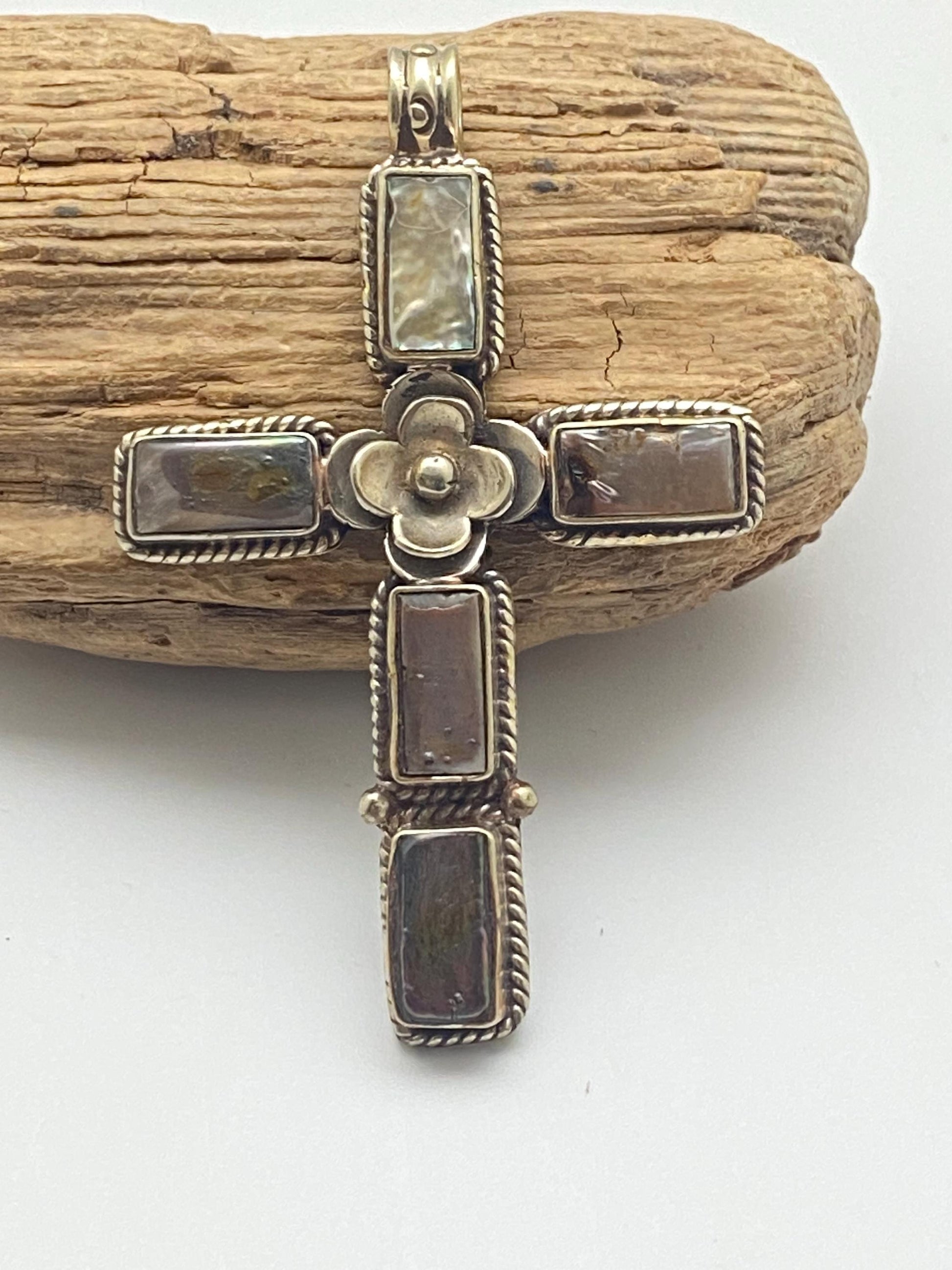 Cross pendant, mother of pearl, handcrafted, Tibetan silver, floral, Nepalese