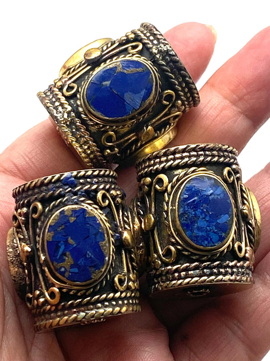 Handcrafted Brass & Lapis Bead: Ethnic Tribal Jewelry (38mmX25mm, 17gm)
