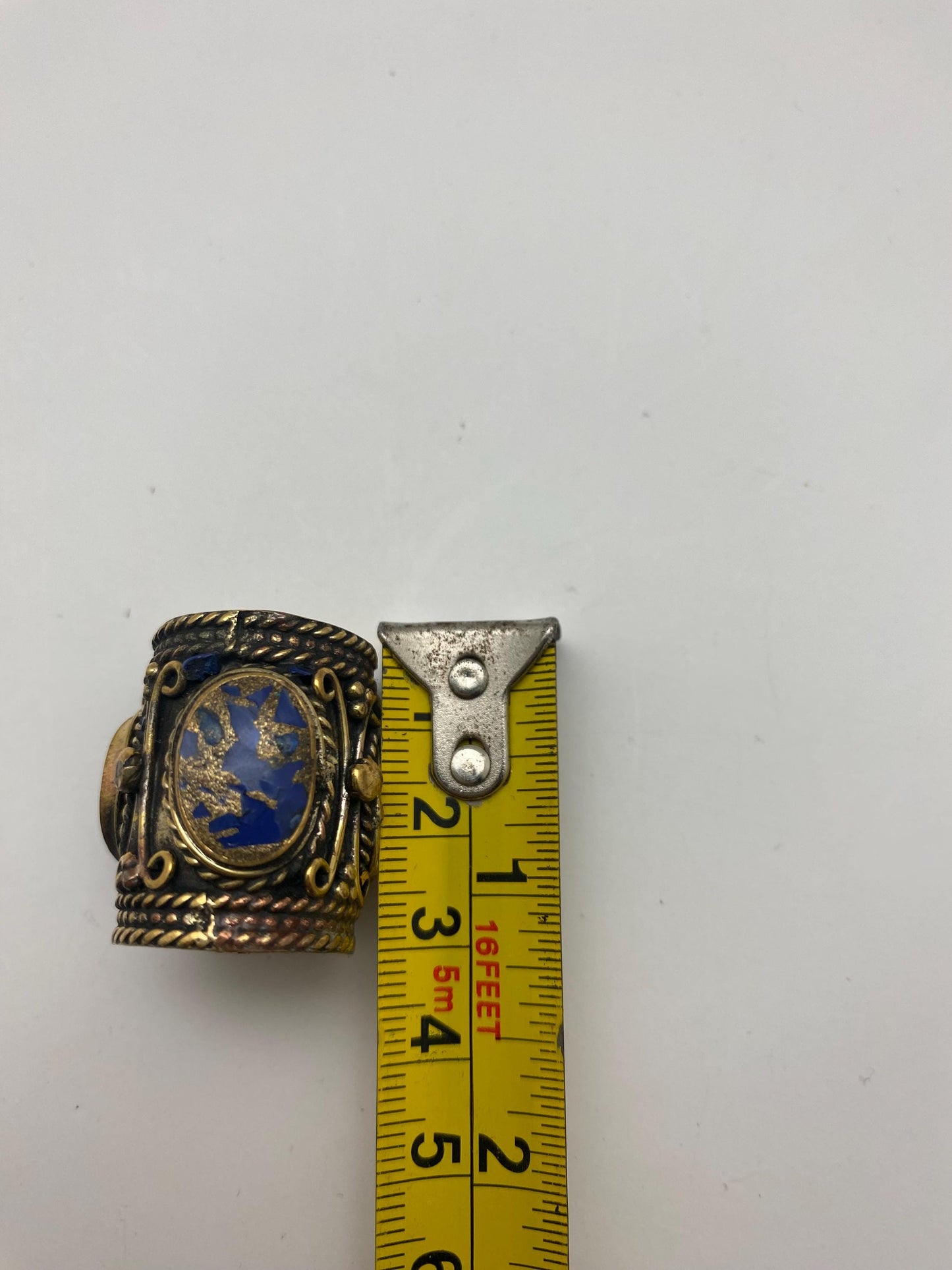 Handcrafted Brass & Lapis Bead: Ethnic Tribal Jewelry (38mmX25mm, 17gm)