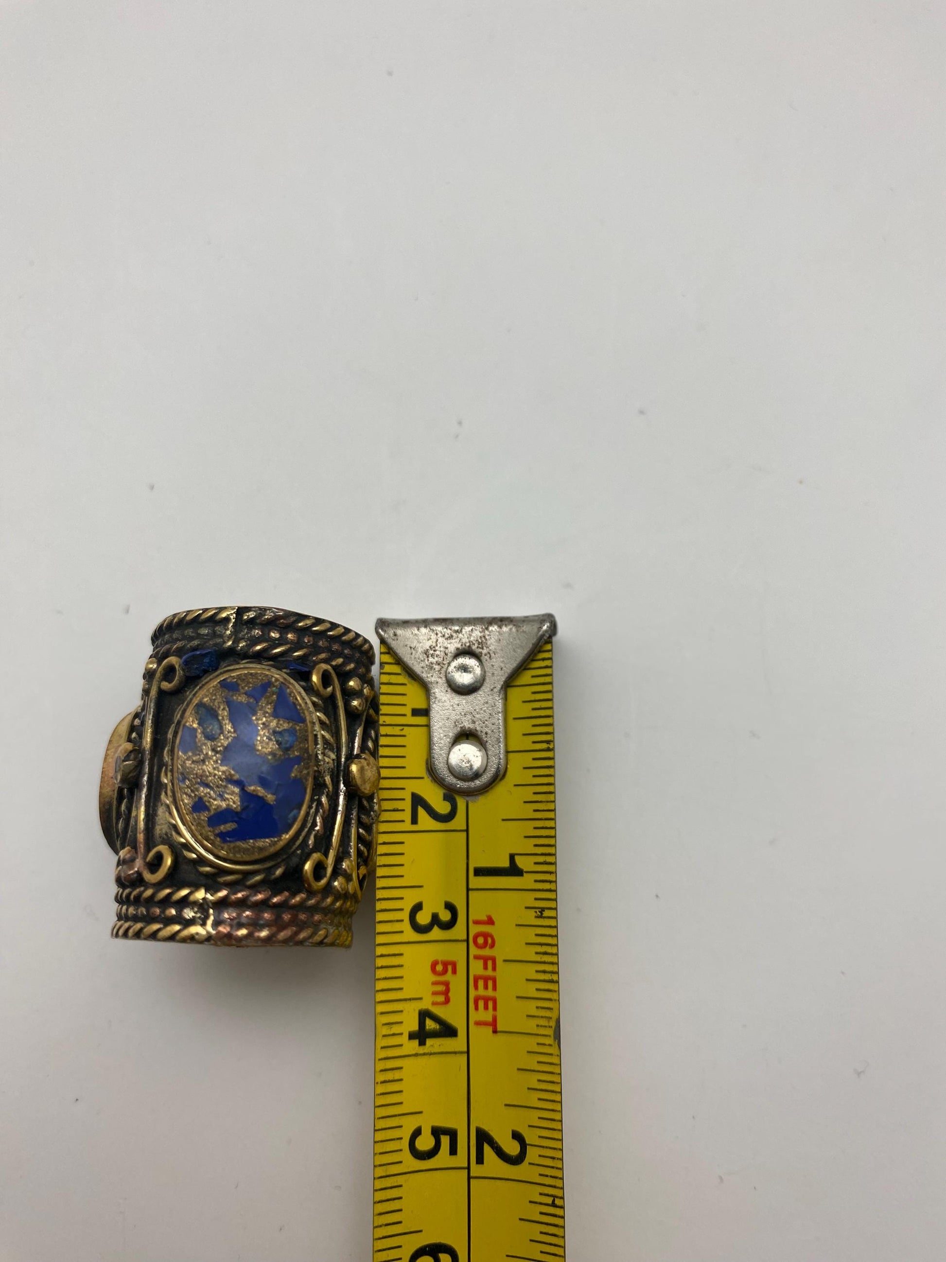 Handcrafted Brass & Lapis Bead: Ethnic Tribal Jewelry (38mmX25mm, 17gm)