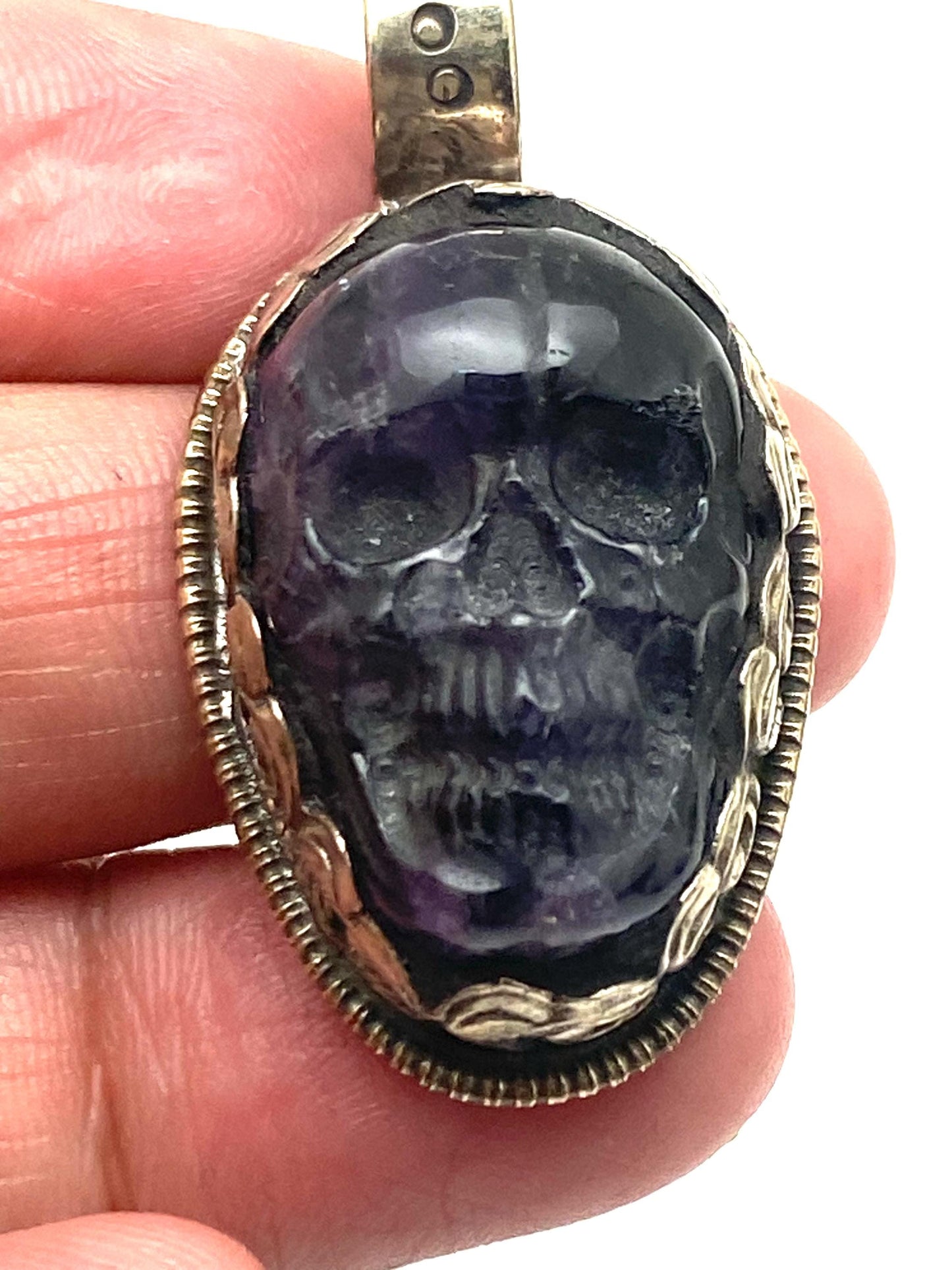 Amethyst carved skull pendant, handcrafted, Tibetan silver, ethnic style, Nepalese