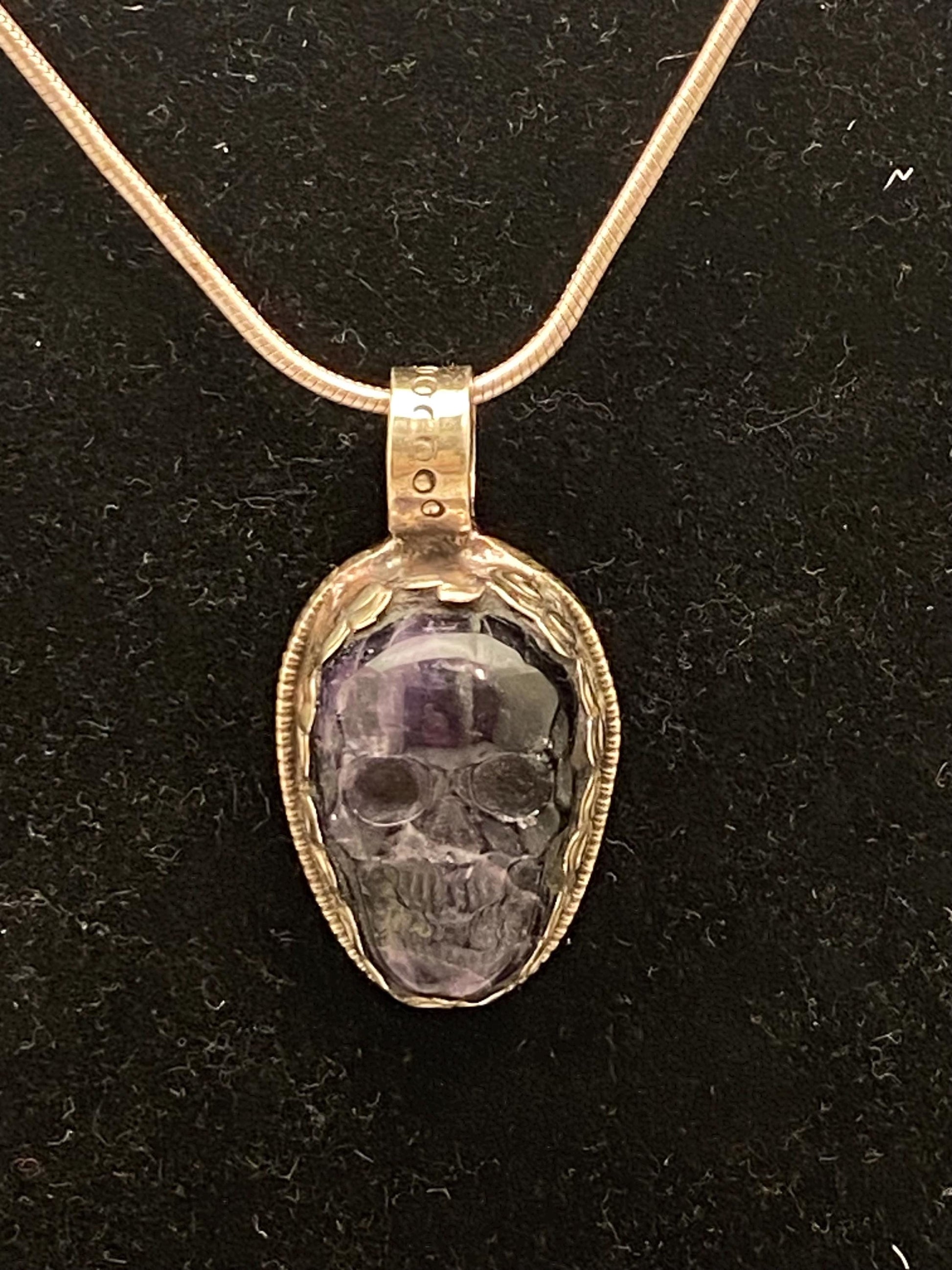 Amethyst carved skull pendant, handcrafted, Tibetan silver, ethnic style, Nepalese