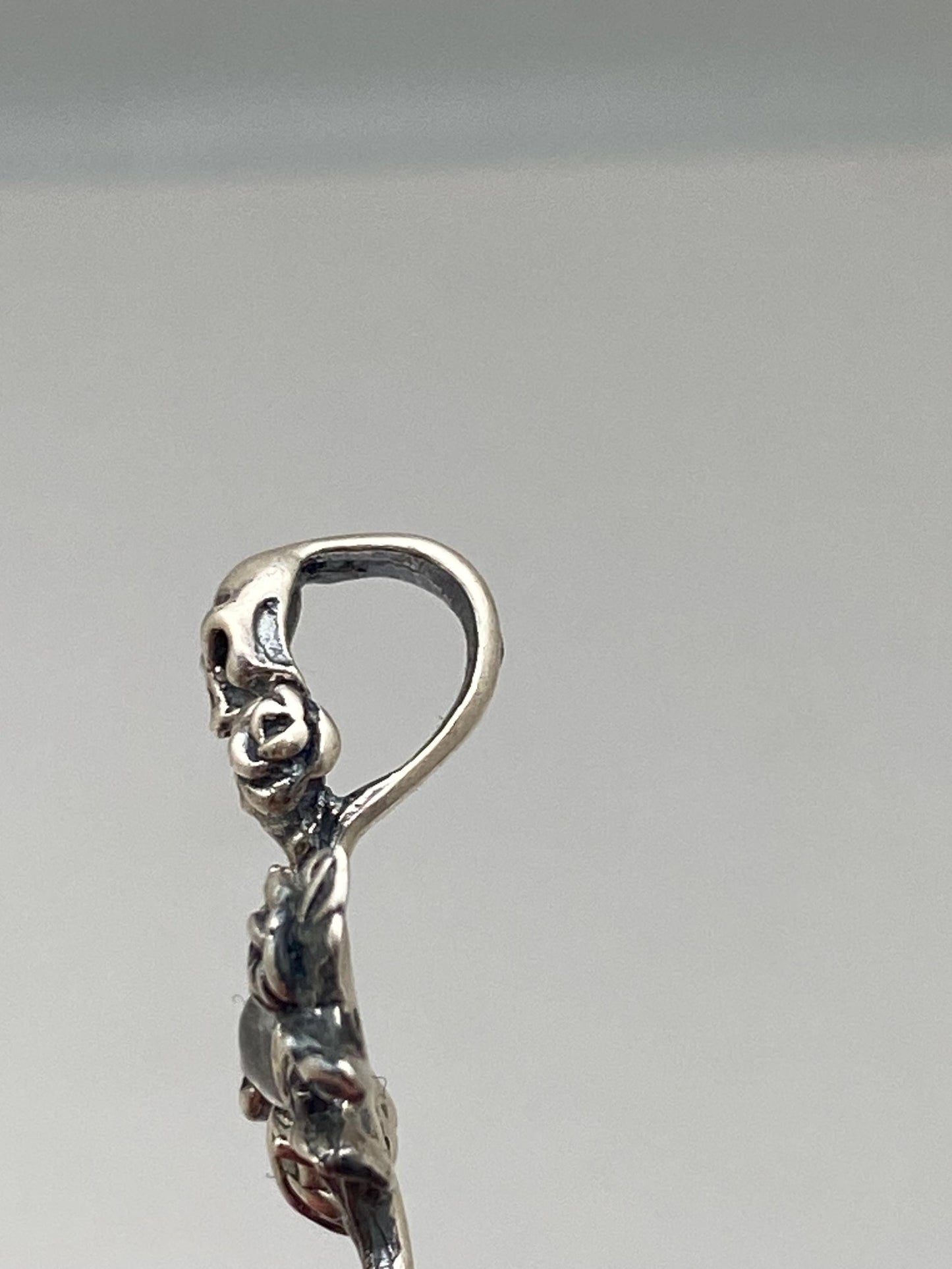 skeleton and rose pendant, sterling silver, skull, rainbow moonstone,flower pendant,floral design.