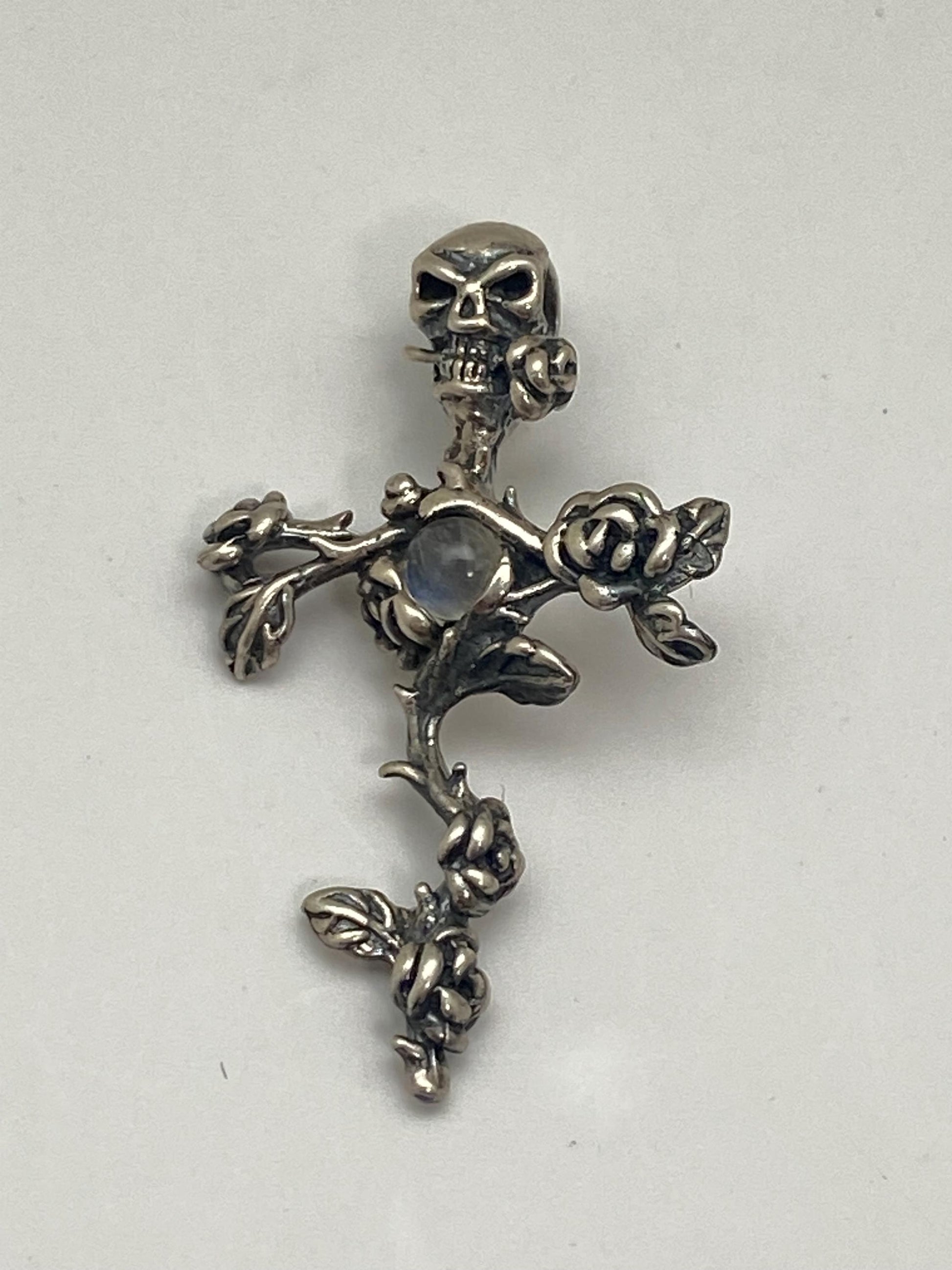 skeleton and rose pendant, sterling silver, skull, rainbow moonstone,flower pendant,floral design.