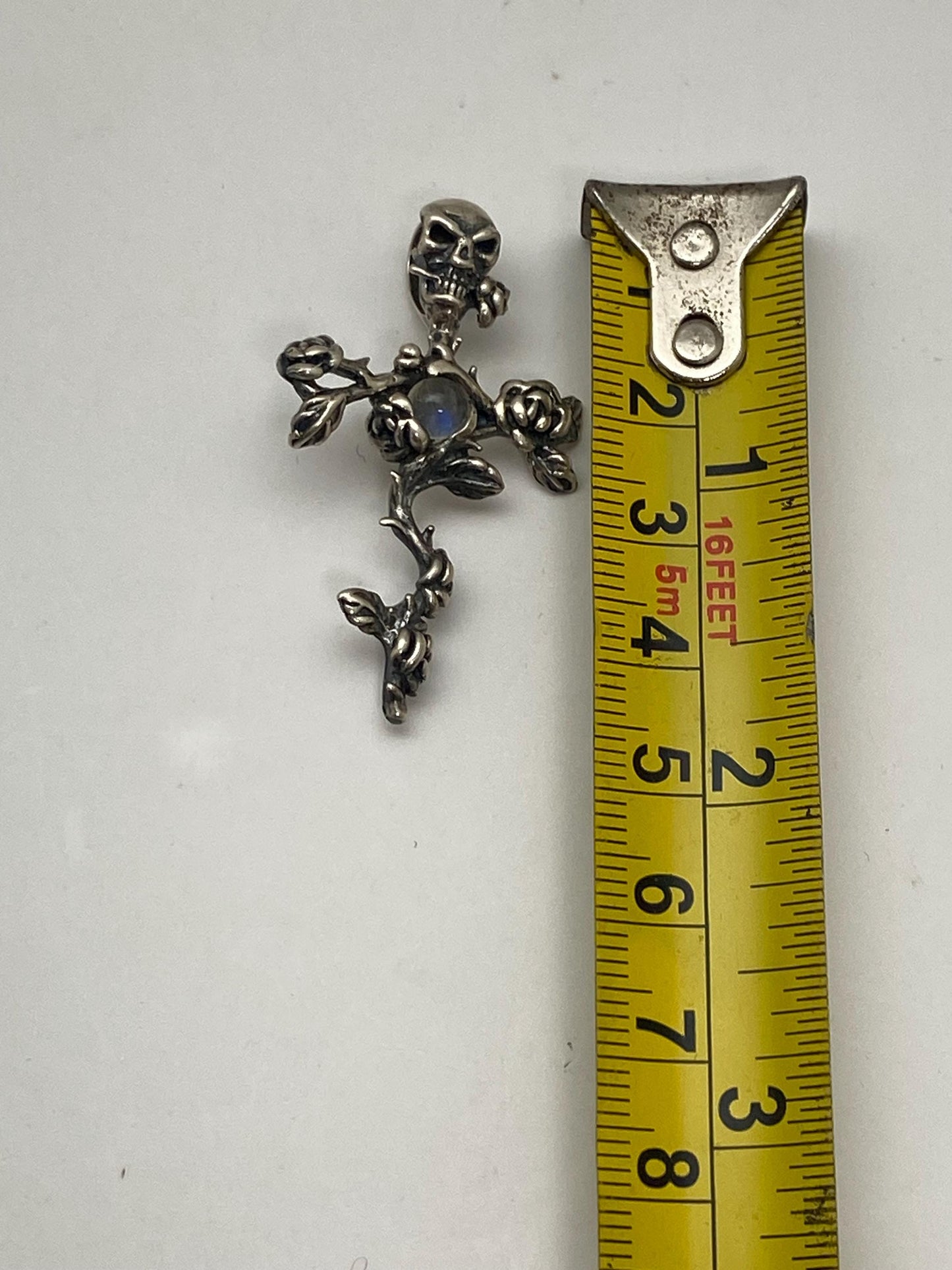 skeleton and rose pendant, sterling silver, skull, rainbow moonstone,flower pendant,floral design.