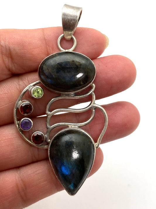 labradorite pendant, large pendant, handcrafted,multiple stones, sterling silver, Nepalese